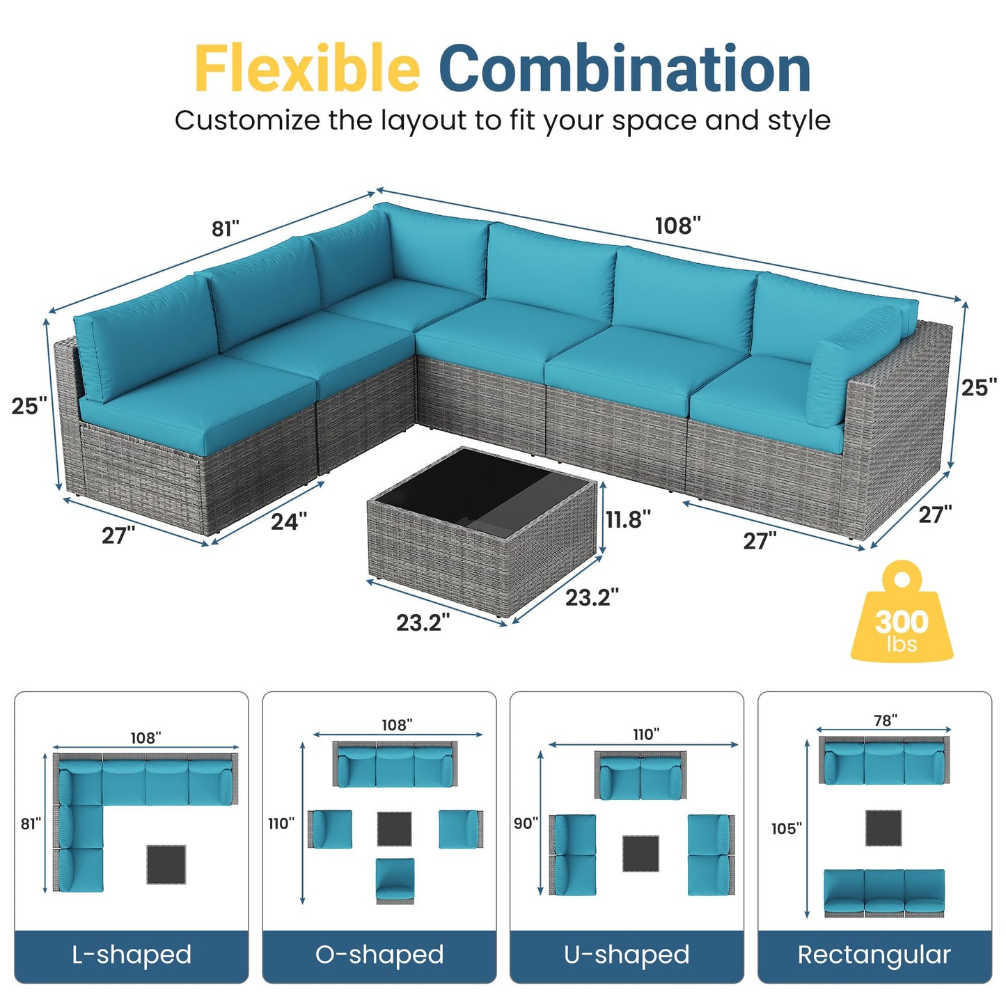 May in Color 7 Pieces Wicker Outdoor Patio Furniture Set, Patio Sectional Sofa with Coffee Table, All-Weather Outdoor Sectional Furniture for Garden Backyard, Light Blue