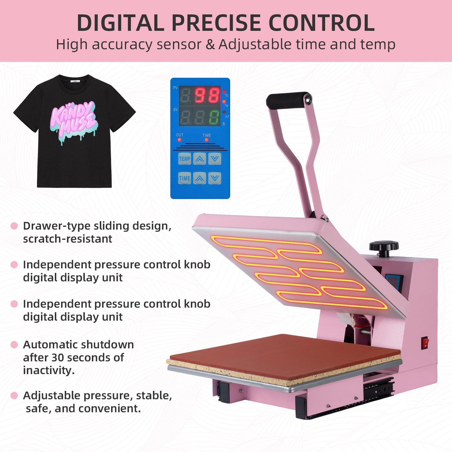 15x15 Inch Heat Press Machine with Slide-Out Drawer, Manual Clamshell Design, Digital Temp & Timer Control, Pink 1400W Heat Transfer Machine for T-Shirts, Vinyl, Fabric, DIY Projects & More