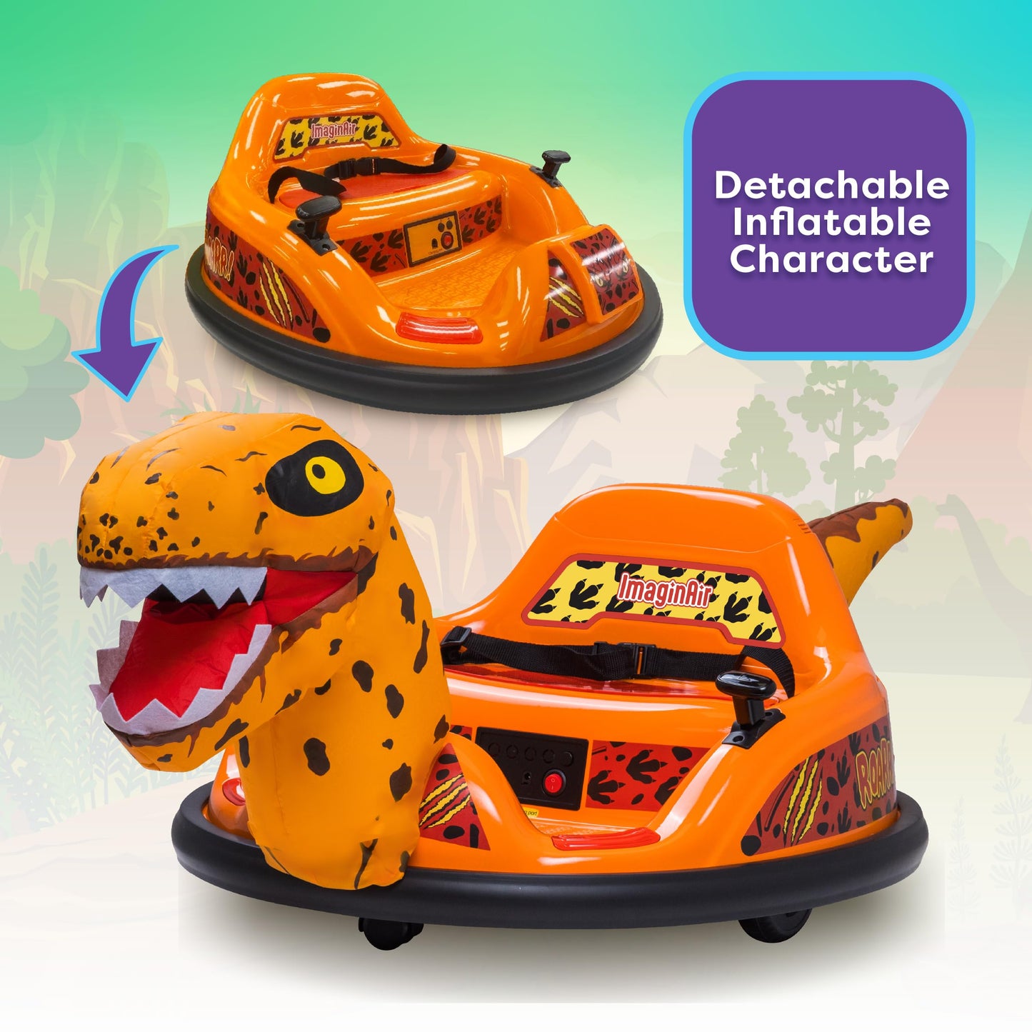 ImaginAir 6V Raptor Dinosaur Toys Bumper Car - Kids Car to Drive, Ride On Toy, Auto-Inflated, w/Music, Parent Remote Control, LED Lights, 360° Spin, 1 MPH, Max Weight of 66lbs, Age 1.5-4 Years