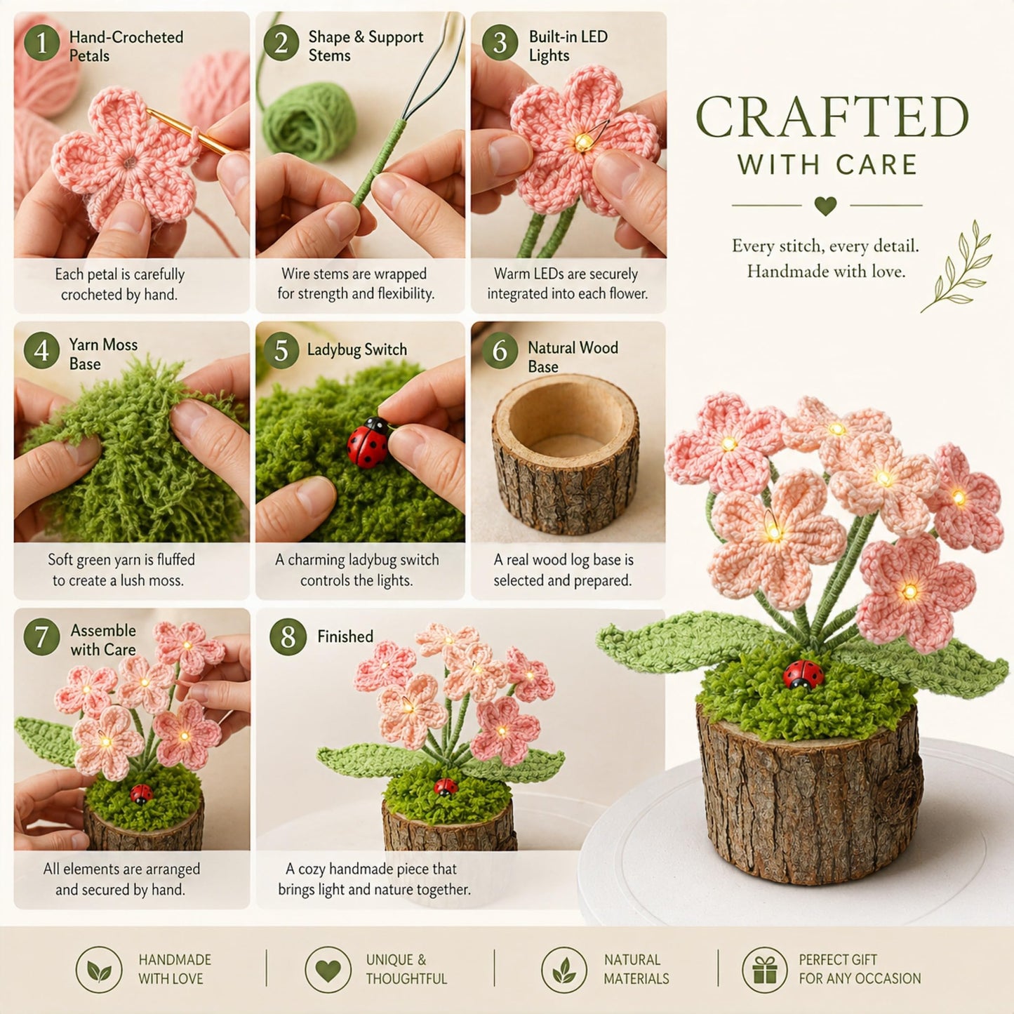 Tisuvimy Handmade Crochet Forget-me-not Flowers Night Light Knitted Flower with Wooden Pot Home Desktop Decorations Gifts for Women Friends Lovers Classmates (Pink Forget-me-nots)