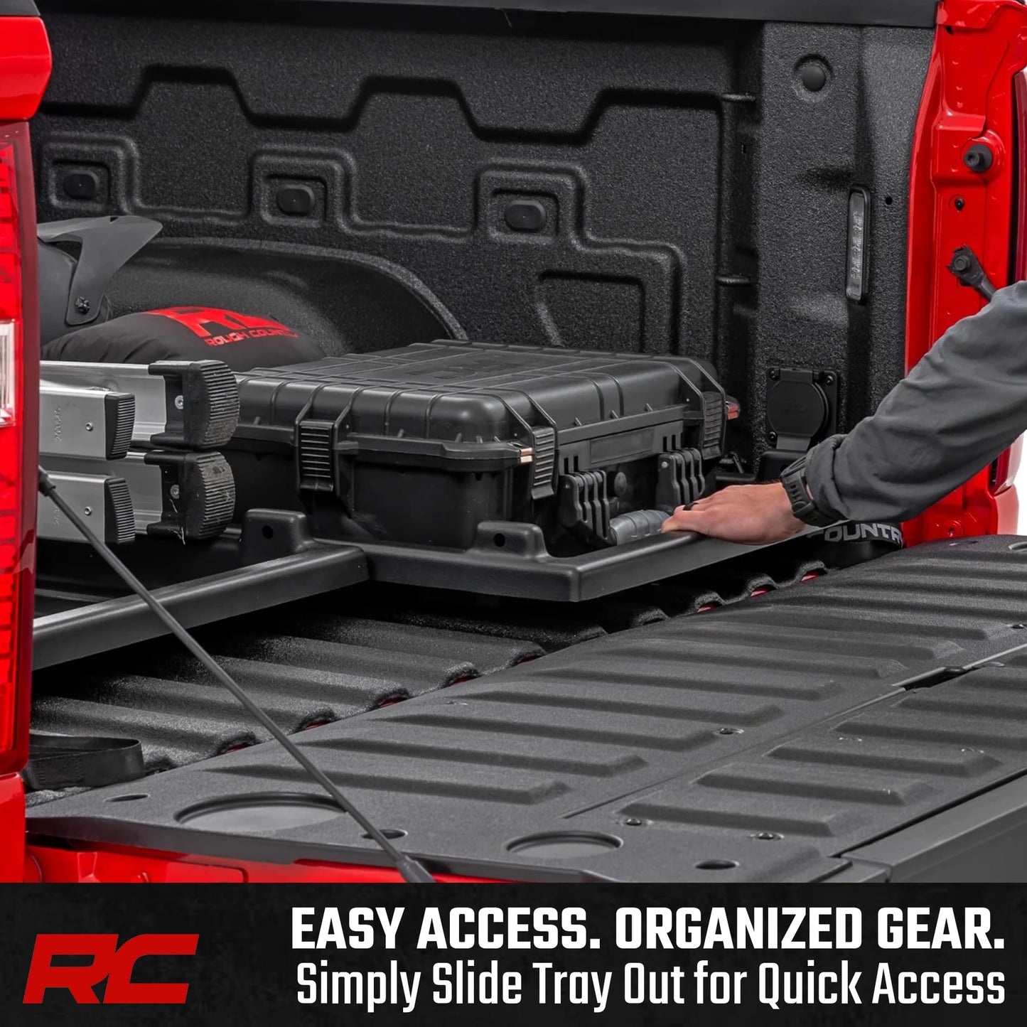Rough Country Slide-Out Truck Bed Cargo Tray - Long Bed Organizer for 5'7"+ Beds, Heavy-Duty Polyethylene, UV-Protected, Easy Tailgate Access