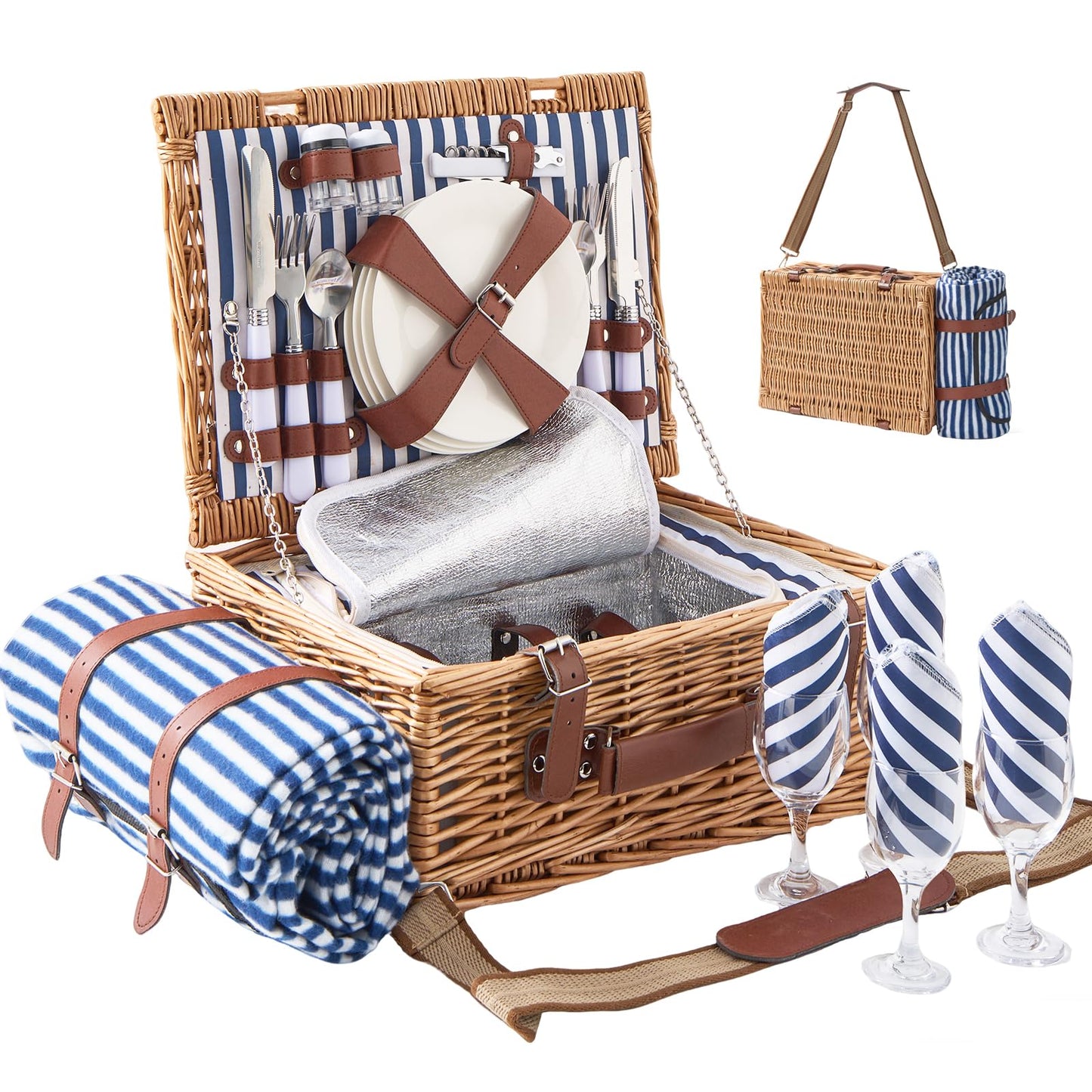 TOSTOOIRX Willow Picnic Basket Set for 4 with Large Insulated Bag and Waterproof Picnic Blanket, Wicker Picnic Hamper for Camping, Outdoor, Birthday, Valentine, Navy