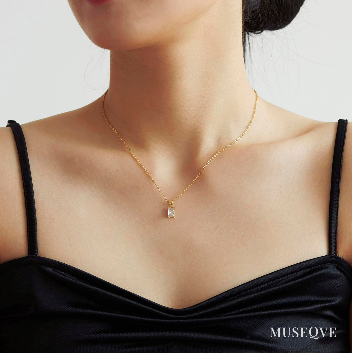 MUSEQVE 14K Gold Plated CZ Crystal Solitaire Necklace for Women • Emerald Cut Rectangle Cubic Zirconia Diamond Pendant Jewelry • Tarnish Free Adjustable Chain [CZN-RT-G]