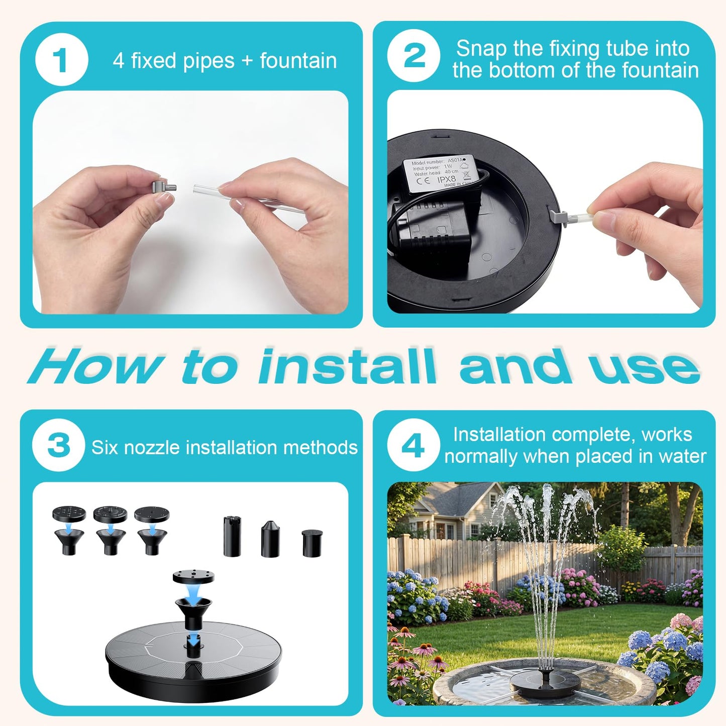 AMZtime Solar Fountain for Bird Bath, New Upgrade Mini Solar Fountain Pump, Free Standing Solar Powered Water Pump for Garden, Outdoor, Fish Tank, Pond and Pool