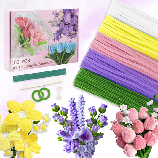 400 Pcs Pink Purple Pipe Cleaners Craft for Flowers, 5 Colored Pipe Cleaner Flower Kit, Pastel Chenille Stems for Handmade Bouquet Wrapping Party Decorations with Floral Wire, Ribbons, Tape