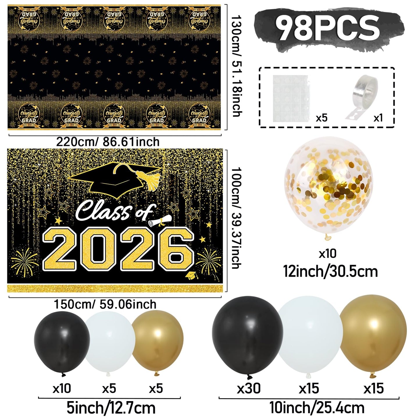 Graduation Decorations 2026, Black and Gold Balloon Garland Arch, Black and Gold Graduation Decorations with Congrats Grad Tablecloth and Class of 2026 Backdrop for High School College Grad Party
