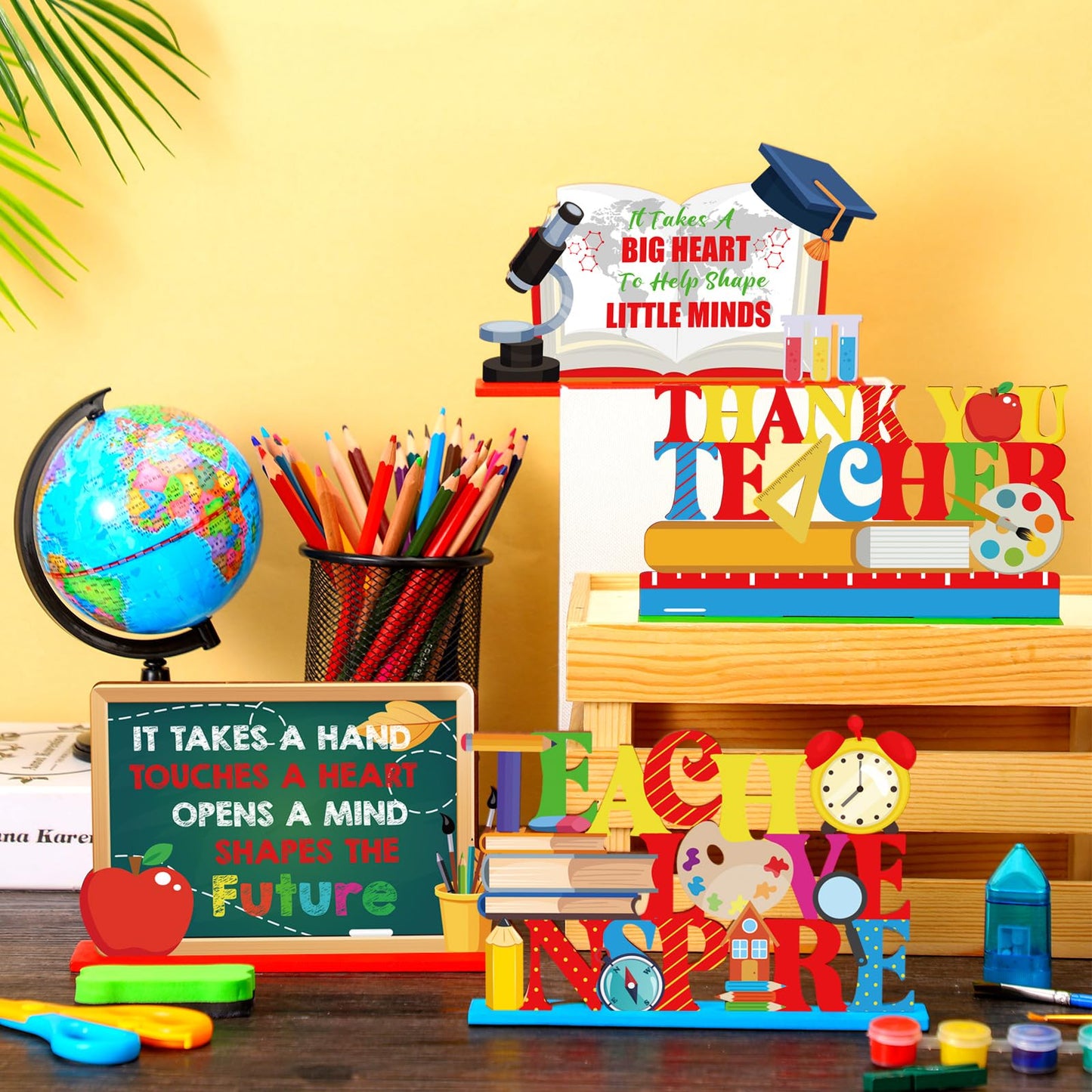 Suzile 6 Pcs Teacher Appreciation Table Decoration Centerpieces Best Teacher Wooden Table Sign Thank You Teachers Desk Decorations Gifts for Teacher Appreciation Home School Classrooms Desks Decor