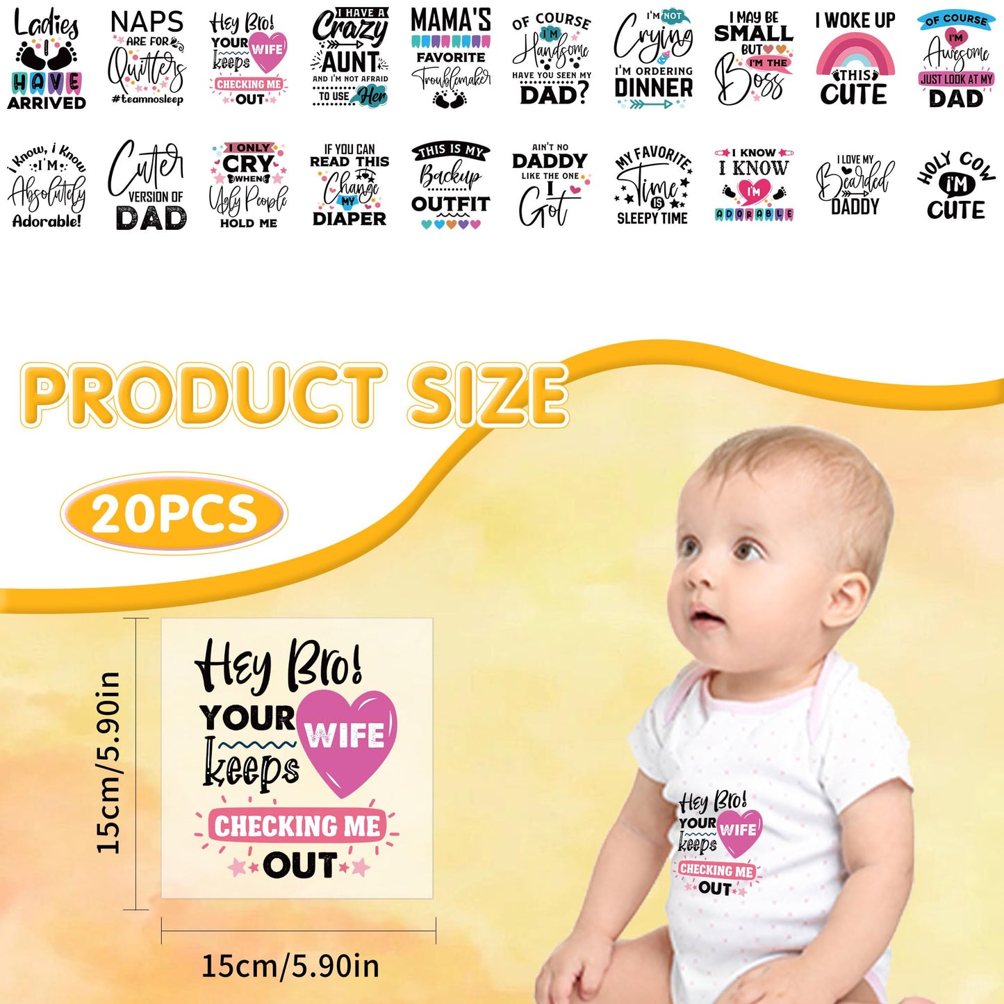 Funny Baby Iron on Transfers, 20 PCS Onesie Decorating Kit Baby Shower, Fun Heat Transfer Stickers, Iron on Decals for T Shirts Hoodie Bibs Bodysuit Clothing DIY Crafts