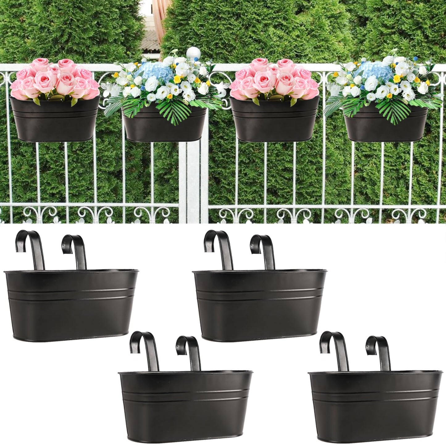 FUFUUIQY 4 Pack Metal Iron Hanging Flower Pots 11 Inch Railing Fence Hanging Bucket Pots with Detachable Hooks Countryside Style Window Railing Planter Box for Garden Balcony Outdoor Decors(Black)