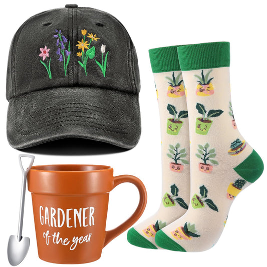 Sunnychicc 4 Pcs Gift Set for Plant Lovers Women, Mother's Day, Birthday Plants Themed Gift Set with 15oz Coffee Cup Gardening Hat Gardener Plant Socks Shovel Spoon for Lady Mom Gardening Supplies