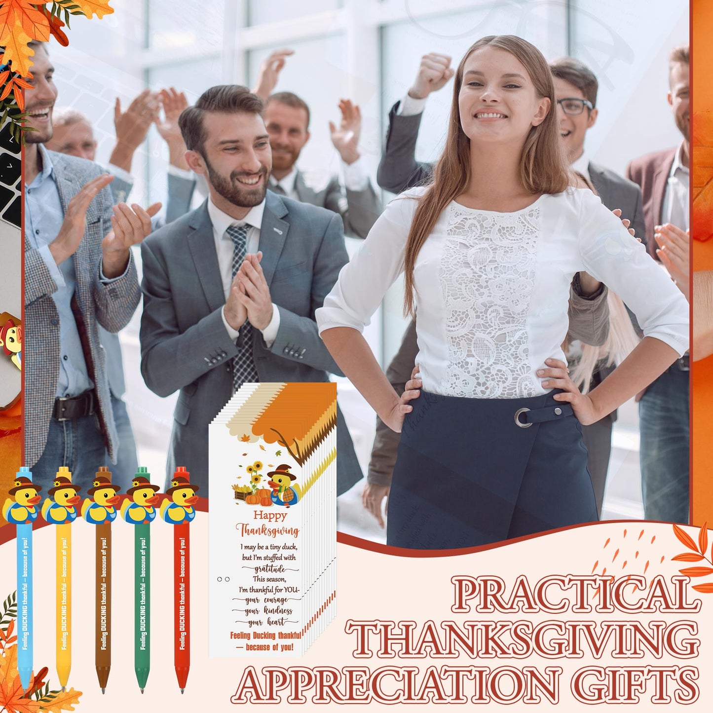 Sinload 50 Sets Thanksgiving Gifts Bulk Fall Appreciation Pens Gifts with Scarecrow Rubber Duck Pen Fall Season Thank You Greeting Card Thanksgiving Party Favor for Classroom Employee Coworker