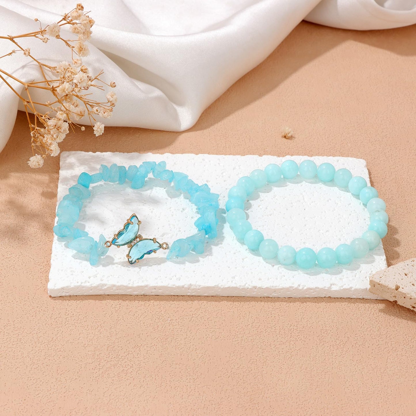 GolbalJew Healing Crystal Stone Bracelets Aquamarine Bracelet for Women Blue Gemstone Beads Stretch Bracelet Butterfly Charms Jewelry Women Gift