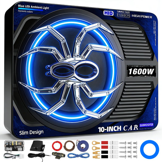 SUBPULSIX 1600W Slim Underseat Car Subwoofer and Amp Package, Powered Subwoofer Car Audio with Built-in Class D Amplifier, Subsonic Deep Bass, Cast Aluminum, LED Ambient Light Switch,for Truck SUV Car