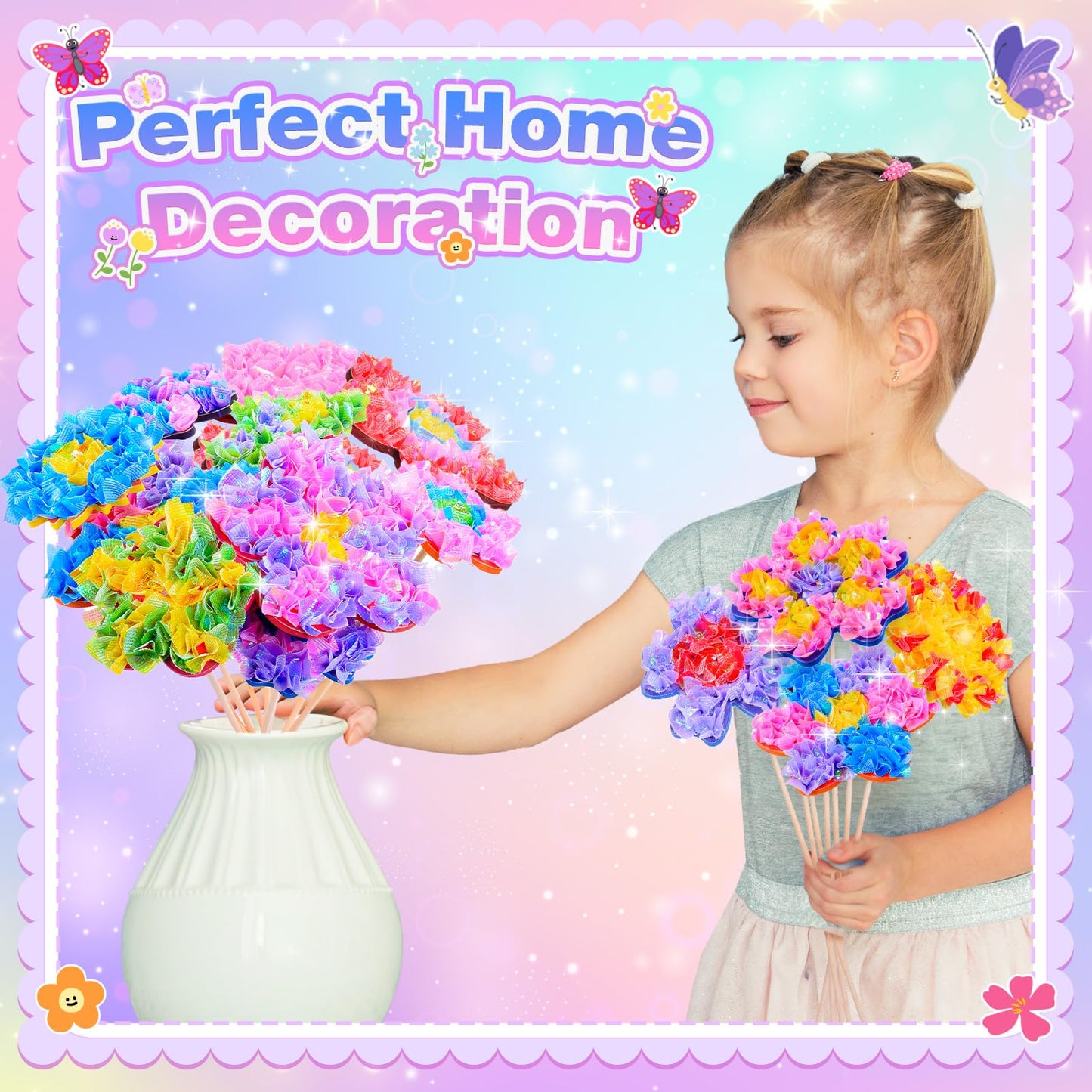 MDINGTD Toys for 4 5 6 7 8+ Year Old Girls, Poke Art Flower Bouquet with 8 Flowers & 2 Butterflies Arts and Crafts for Girls Ages 4-8 DIY Creative Activity Birthday Valentine Gifts Craft Kits
