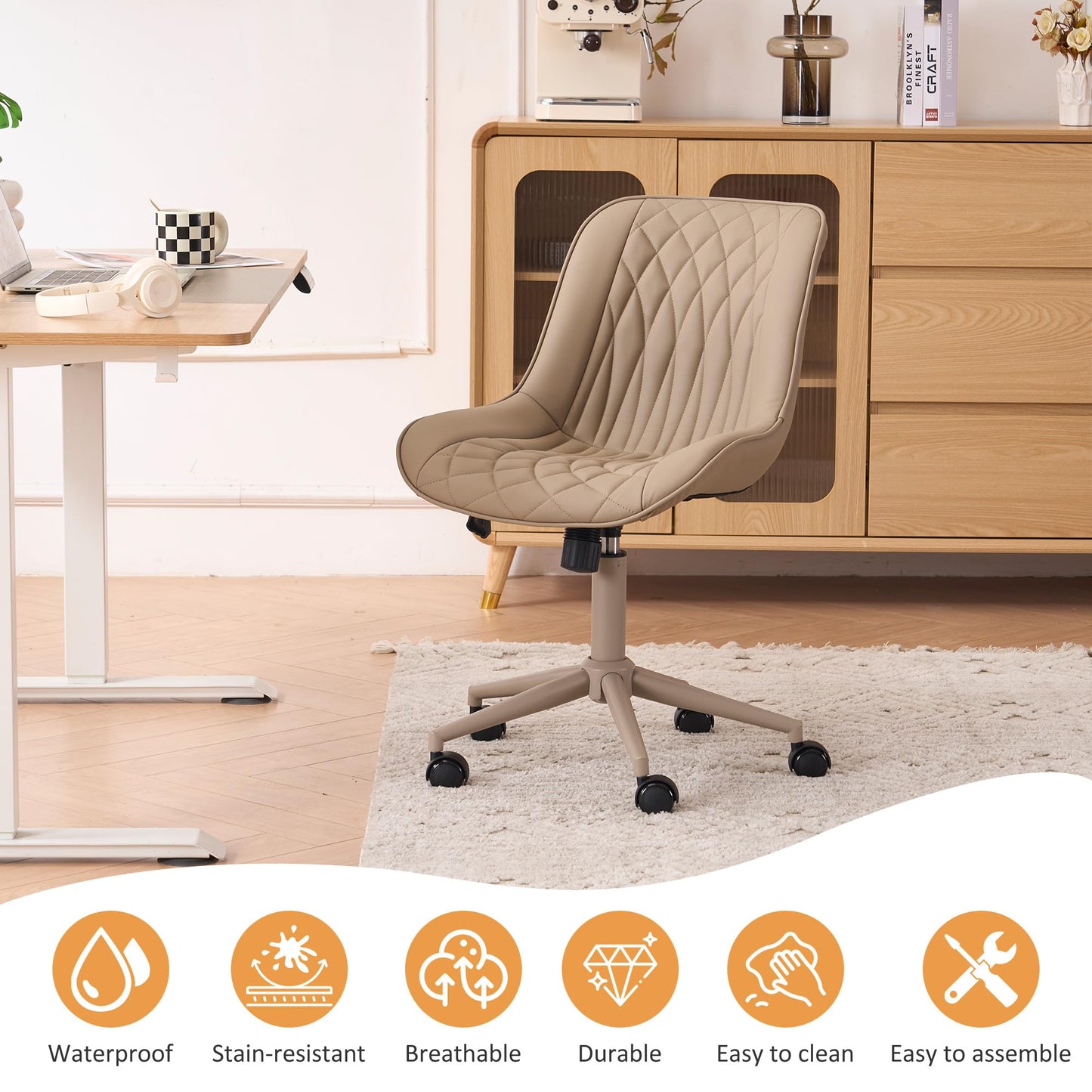 YOUNIKE Khaki Home Office Desk Chair No Arms Comfy Small Vanity Chair Chair with Wheels Swivel Adjustable Modern Ergonomic Task with Back Armless Cute Leather Upholstered Rolling Chair