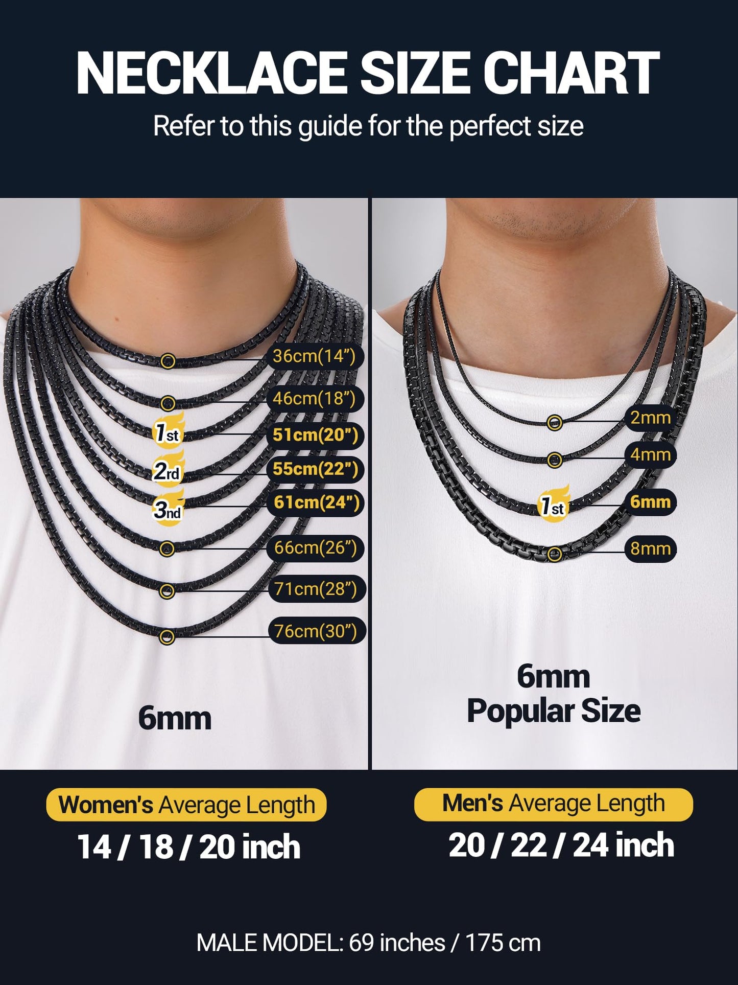 PROSTEEL Black Chain Necklaces for Men Mens Jewelry Flat Stainless Steel Link Chain Necklace