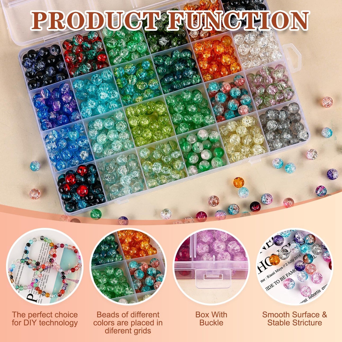 XSEINO 2400 Pieces 8mm Crack Glass Beads for Jewelry Making,48 Dazzling Colors Round Glass Beads for Making and DIY Crafts