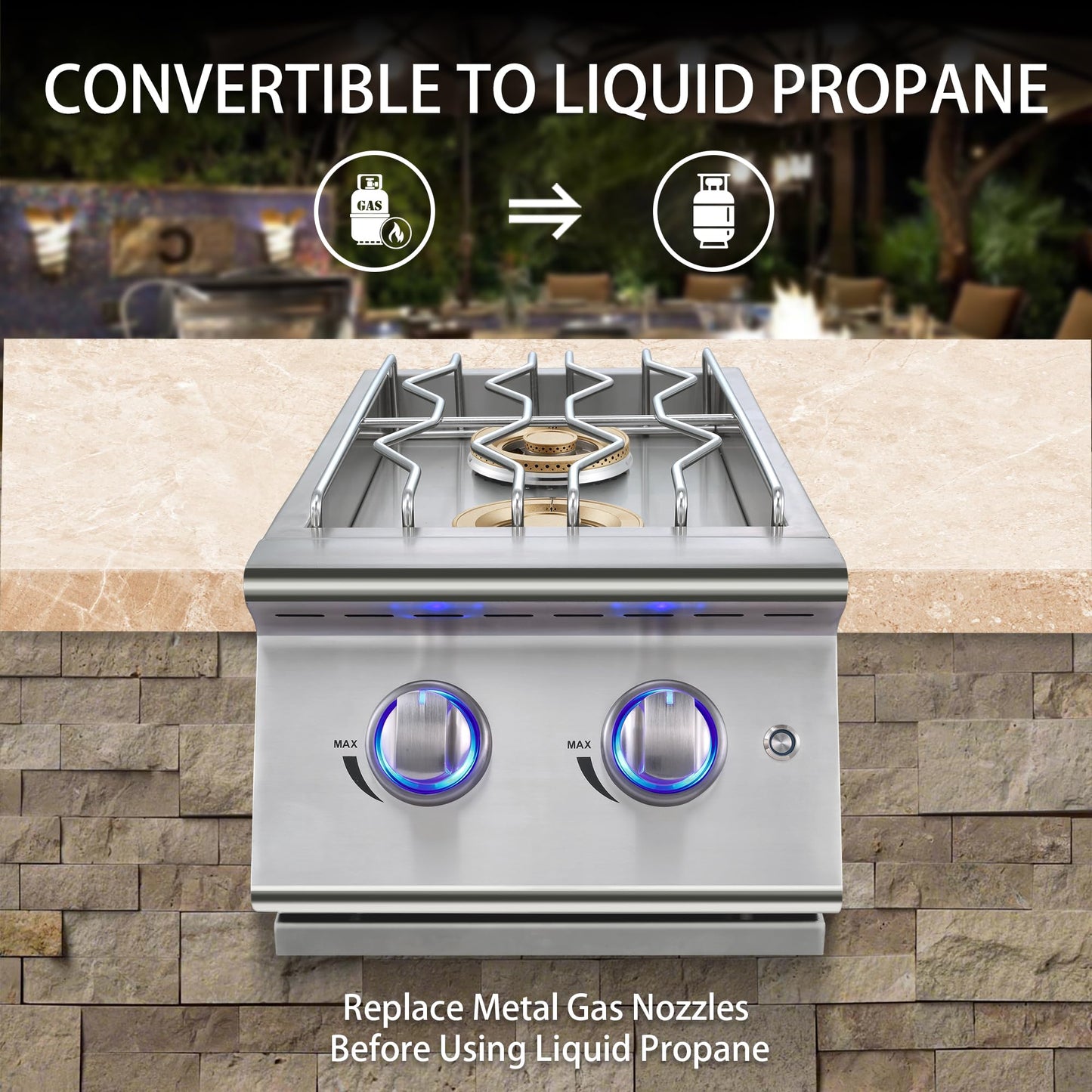 Livory Double Grilling Side Burners for Outdoor Kitchen, 2 * 17,000BTU Nature Gas Burners, Convertible to Liquid Propane, Duty Heavy 304 Stainless Steel, Built-in Side Burner for BBQ Island Grill
