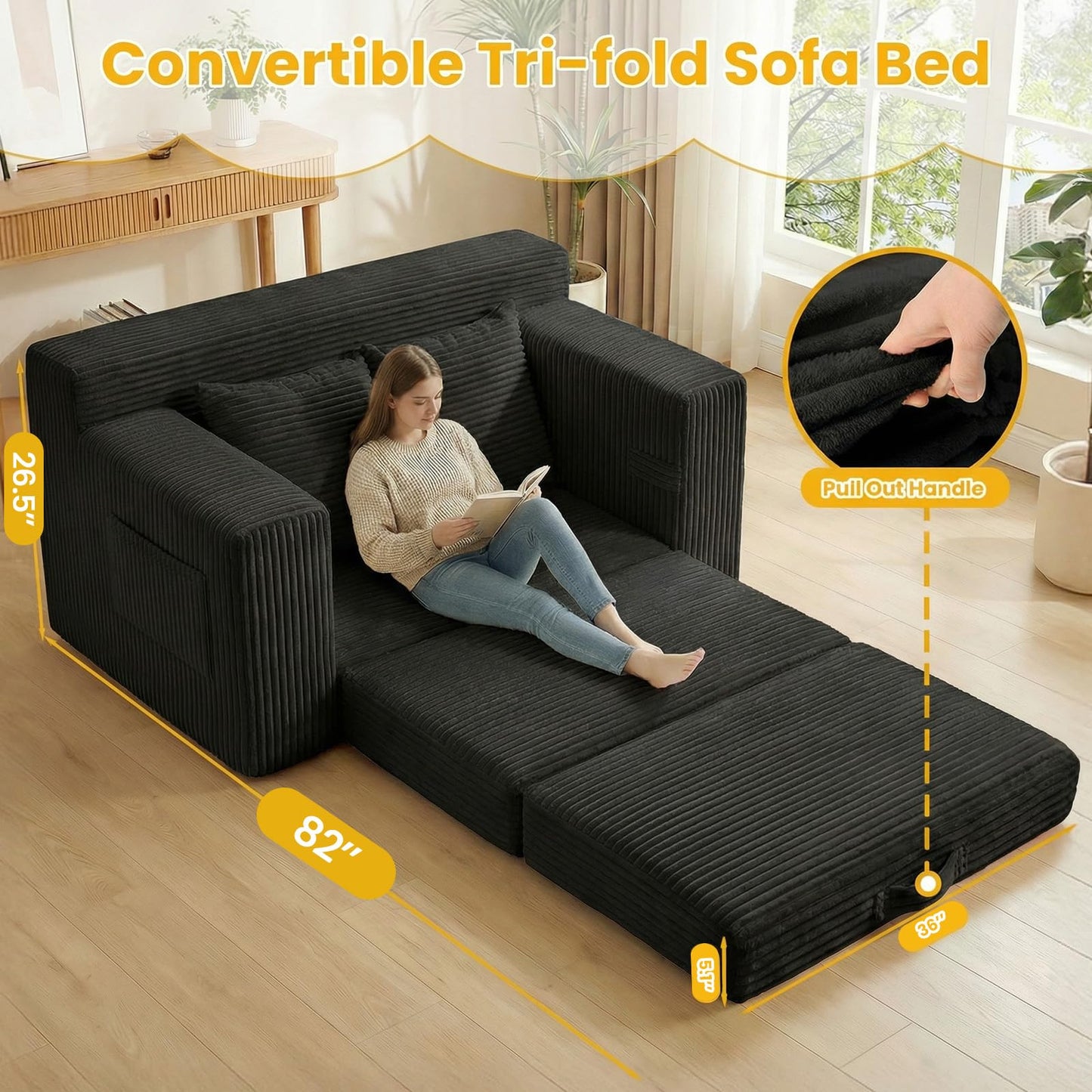 Boneless Loveseat Sleeper Sofa Bed: 3-in-1 Convertible Sofa Bed with Side Pockets & Handle,Pull Out Couch with 2 Pillows,Folding Futon for Small Space,Living Room & Bedroom,Corduroy Fabric,No Assembly