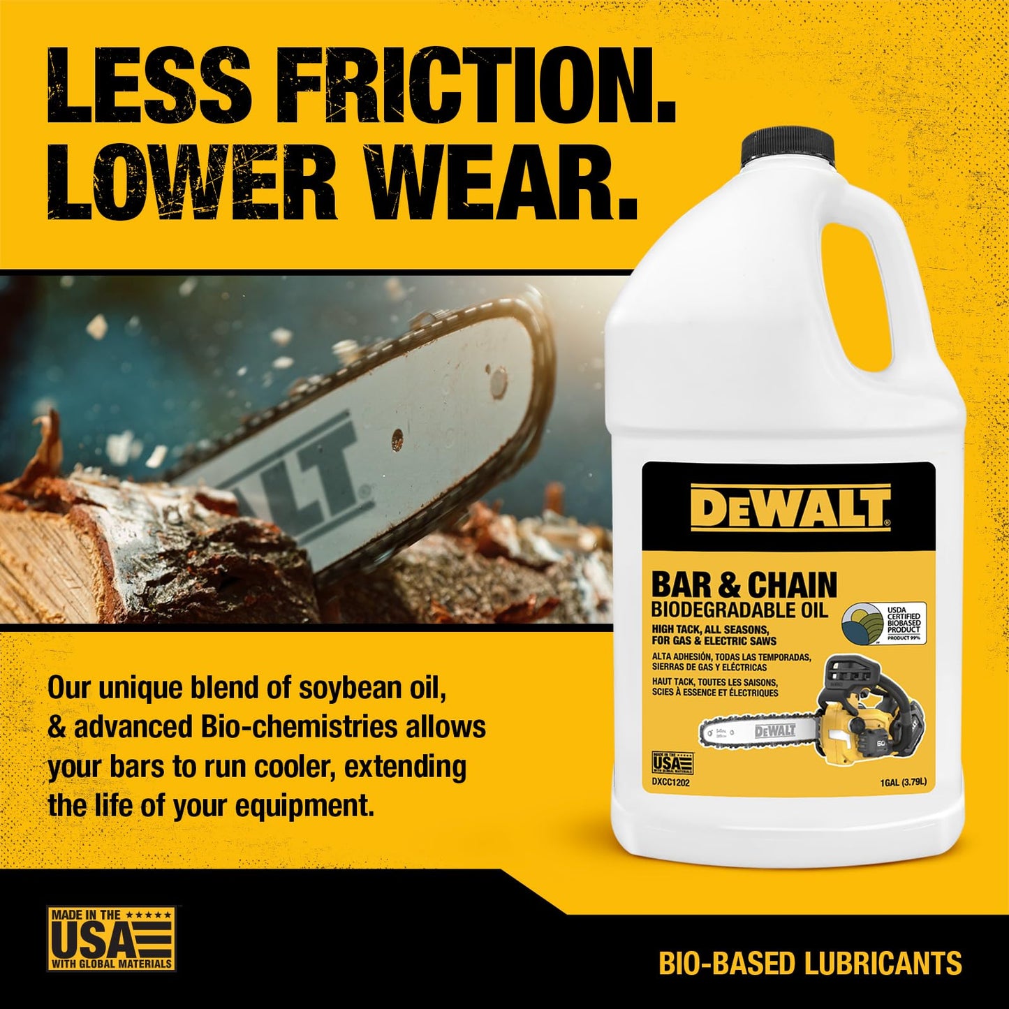DEWALT – Biodegradable Bar & Chain Oil – Green, Eco-Friendly, Non-Toxic Professional Bar & Chainsaw Lubricant – Ultraclean All-Season Oil for Gas, Electric Saw, and Pole Saw, 1 Gallon