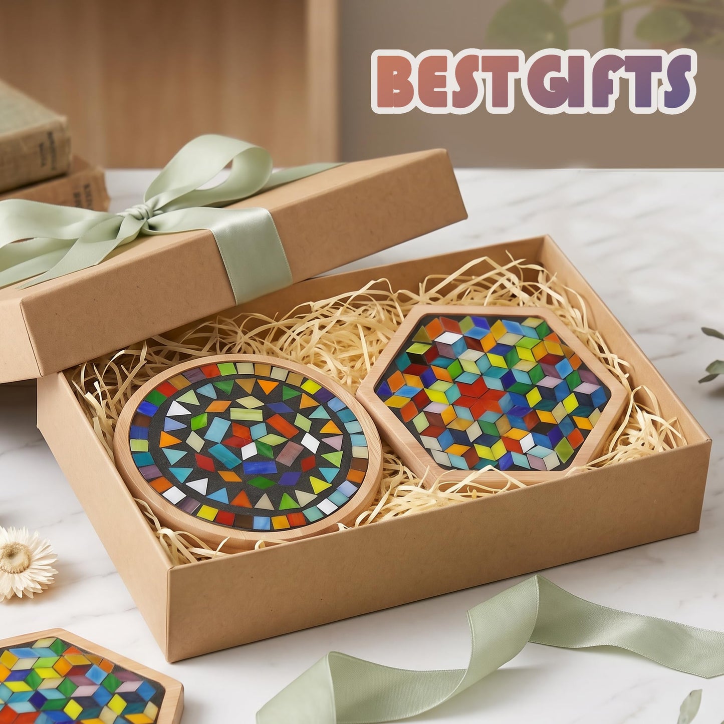 Nuyoach DIY Mosaic Tiles Crafts Kits for Adults, Mixed Stained Glass Mosaic Kit with 2 PCS Wooden Coaster Making Materials Package,Mosaic Adult Crafts for Women Beginners Handmade Home Decor Gifts