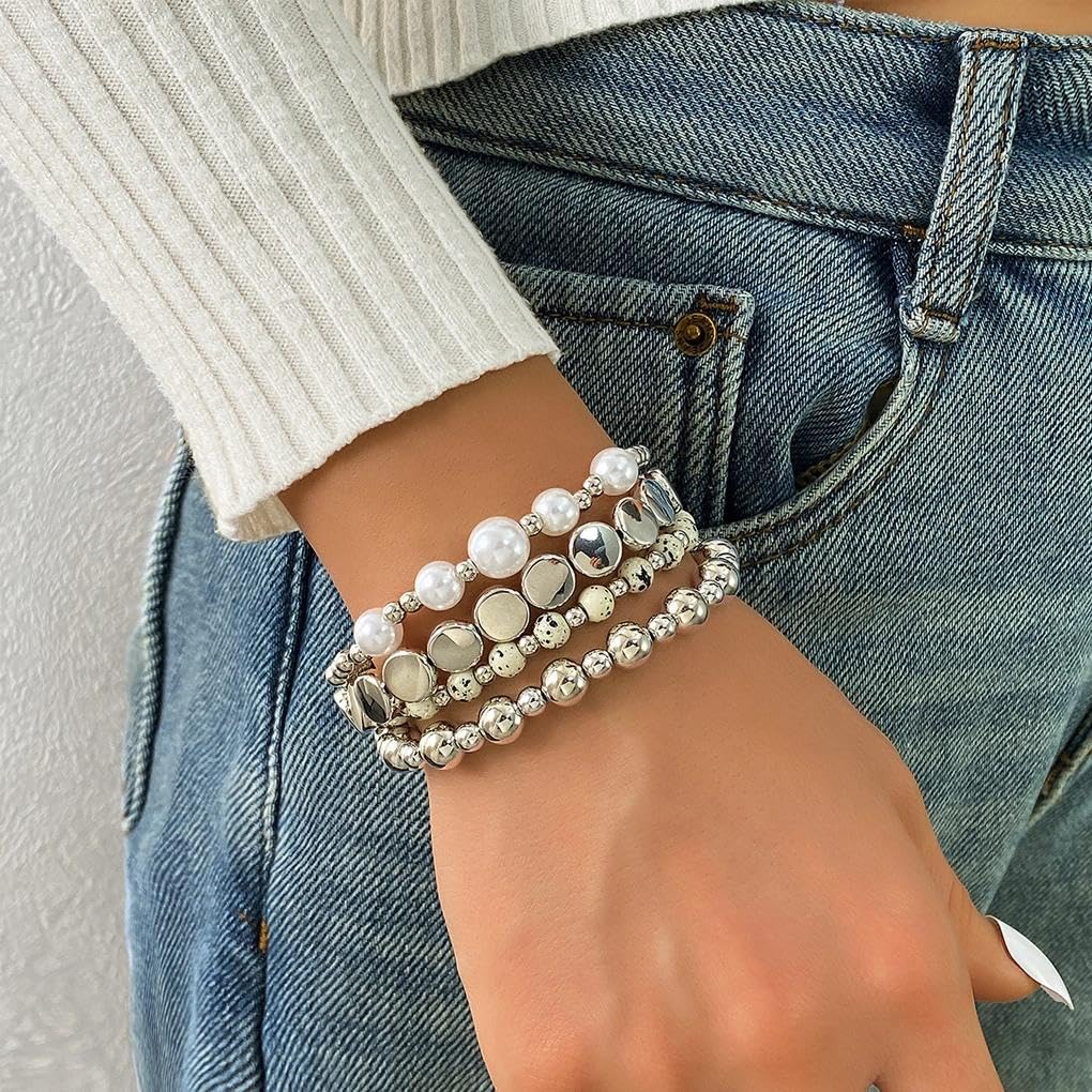 Mexegy Layered Silver Plated Pearl Beaded Stretch Bracelet for Women,Stacked Disc Coin Bead Elastic Bracelets Bohemian Party Holiday Jewelry Accessories Gift(Silver)