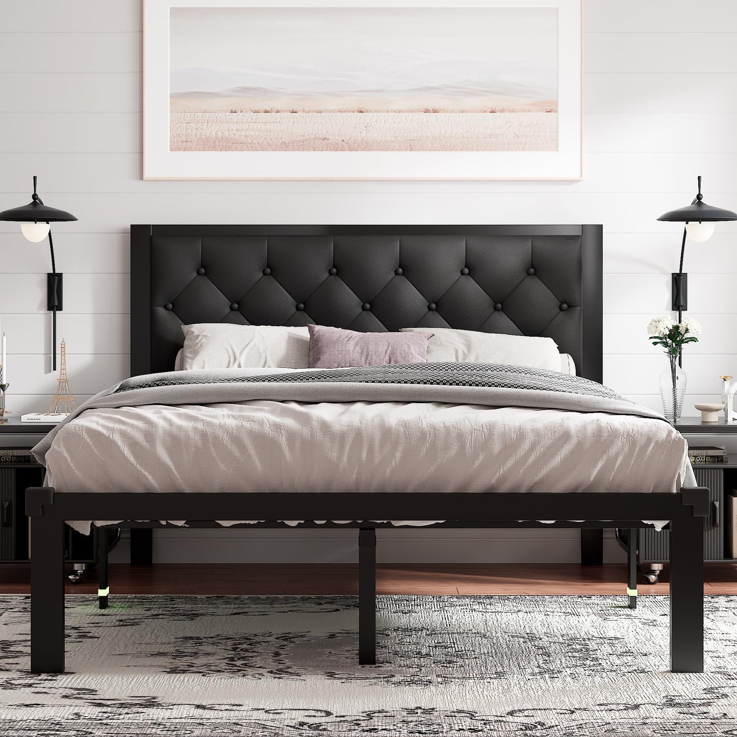 Feonase Queen Size Metal Bed Frame with Faux Leather Button Tufted Headboard, Heavy-Duty Platform Bed Frame with 12" Storage, Steel Slats Support, No Box Spring Needed, Noise Free, Matte Black