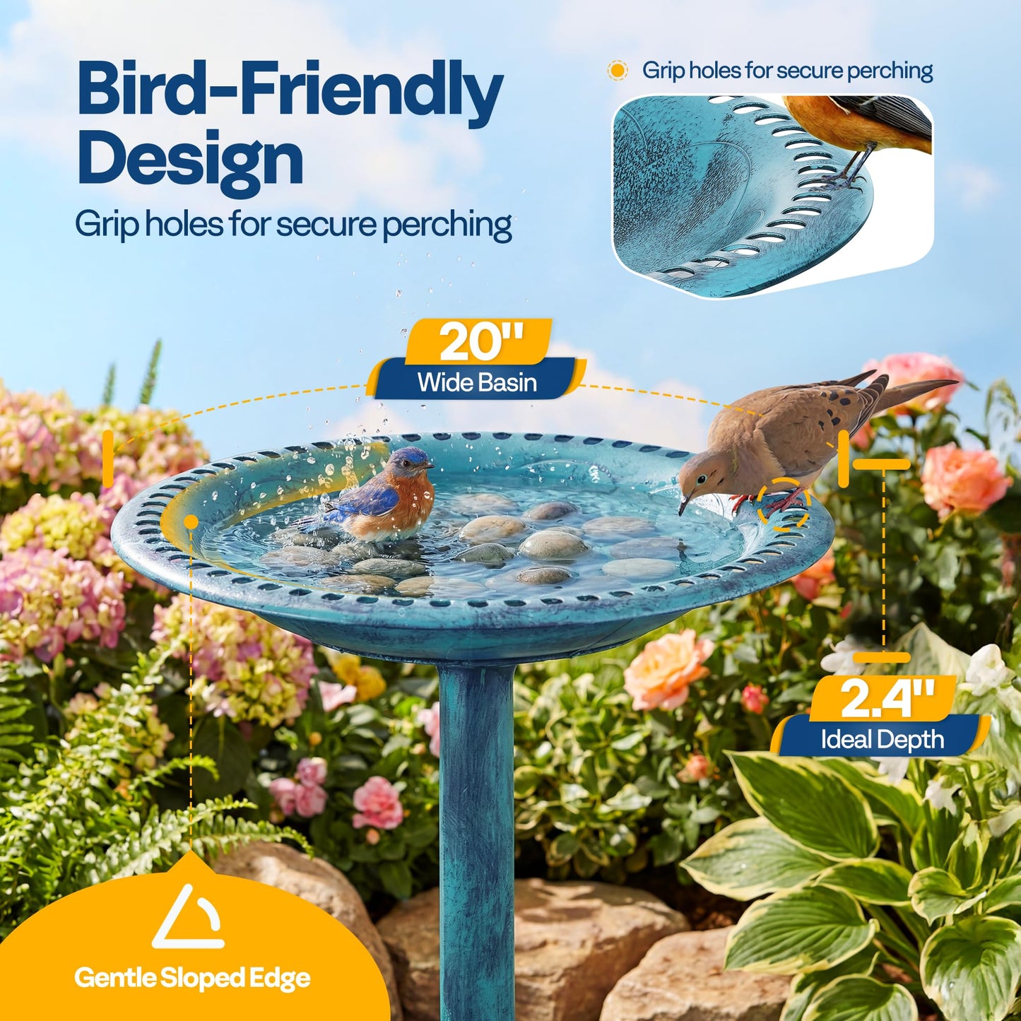 VIVOHOME Bird Bath for Outside, Polyresin Pedestal Bird Baths for Outdoor, Garden, 28 Inch Height Weather-Resistant Birdbaths with 20" Bowl, Blue