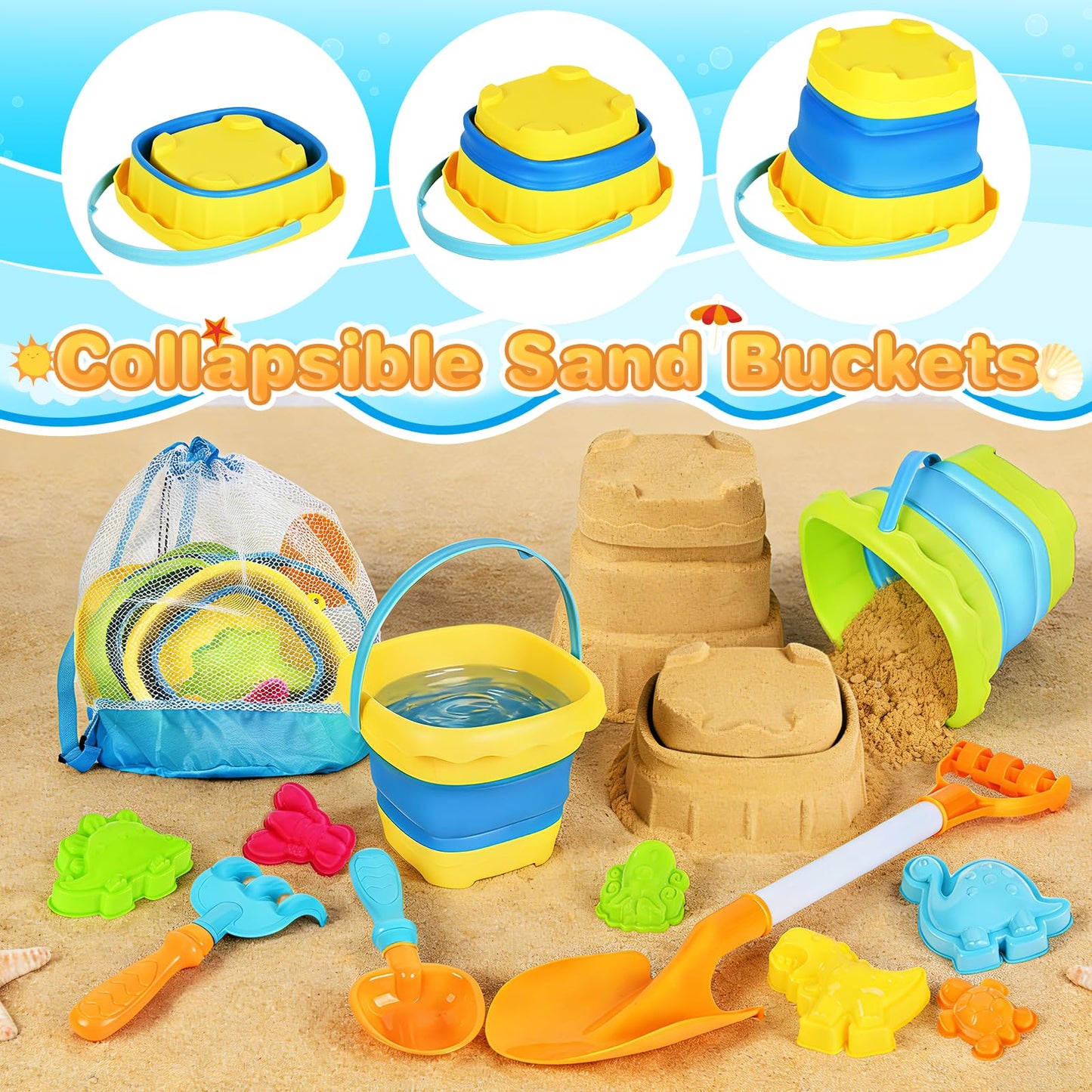 SpringFlower Beach Sand Toys for Kids, Sand Toys with 2 Collapsible Beach Bucket with Sifter Shovels Set with Mesh Bag and 6 Sand Molds, Foldable Beach Travel Beach Sandbox Toys, 11 PCS