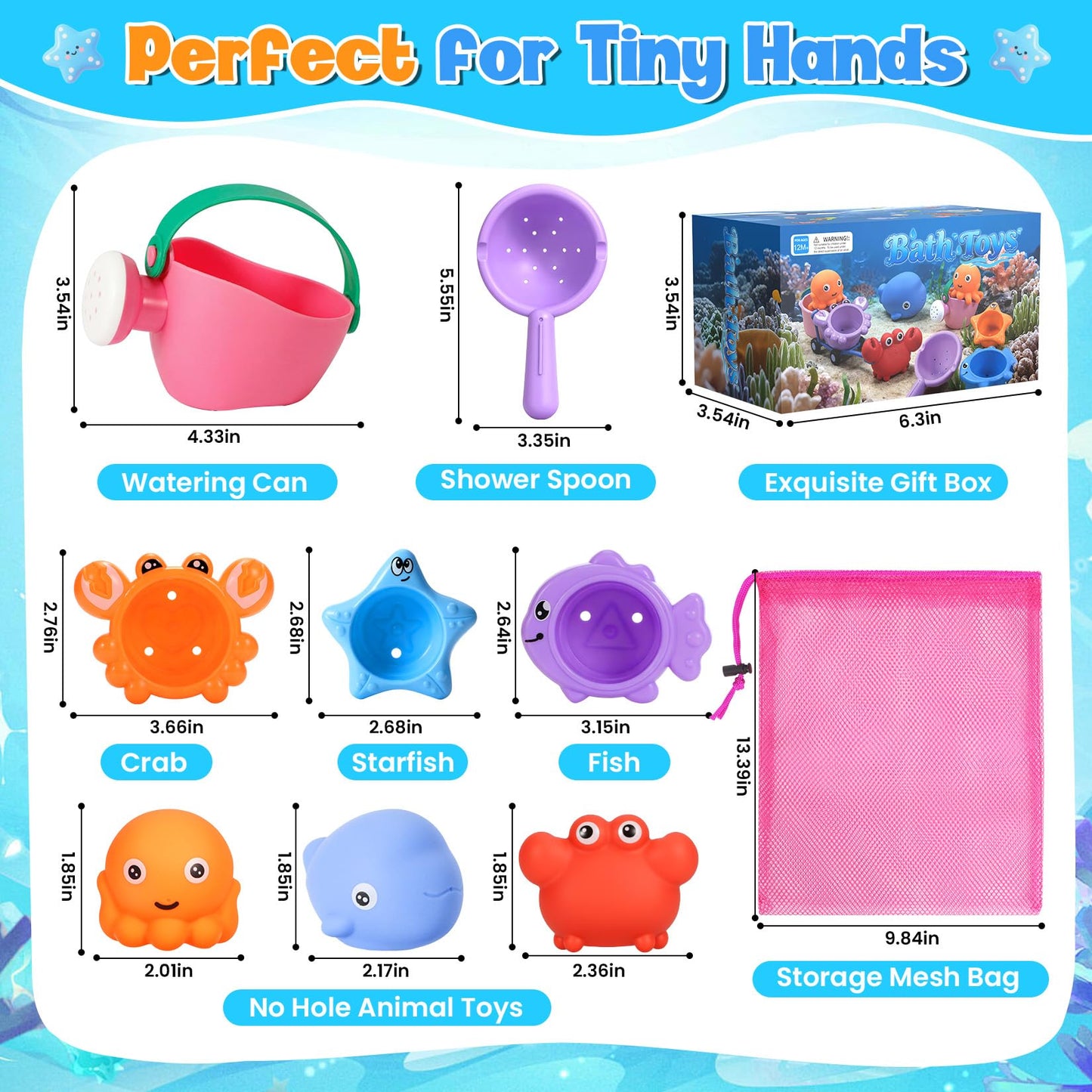 9 PCS Baby Bath Toys for Kids Ages 1-3, Toddler Bath Toys for 2-4 with 3 No Hole Squeezing Marine Animals Toys, Bathtub Beach Sand Water Table Toys for 1 2 3 Years Old Girls Boys Gifts