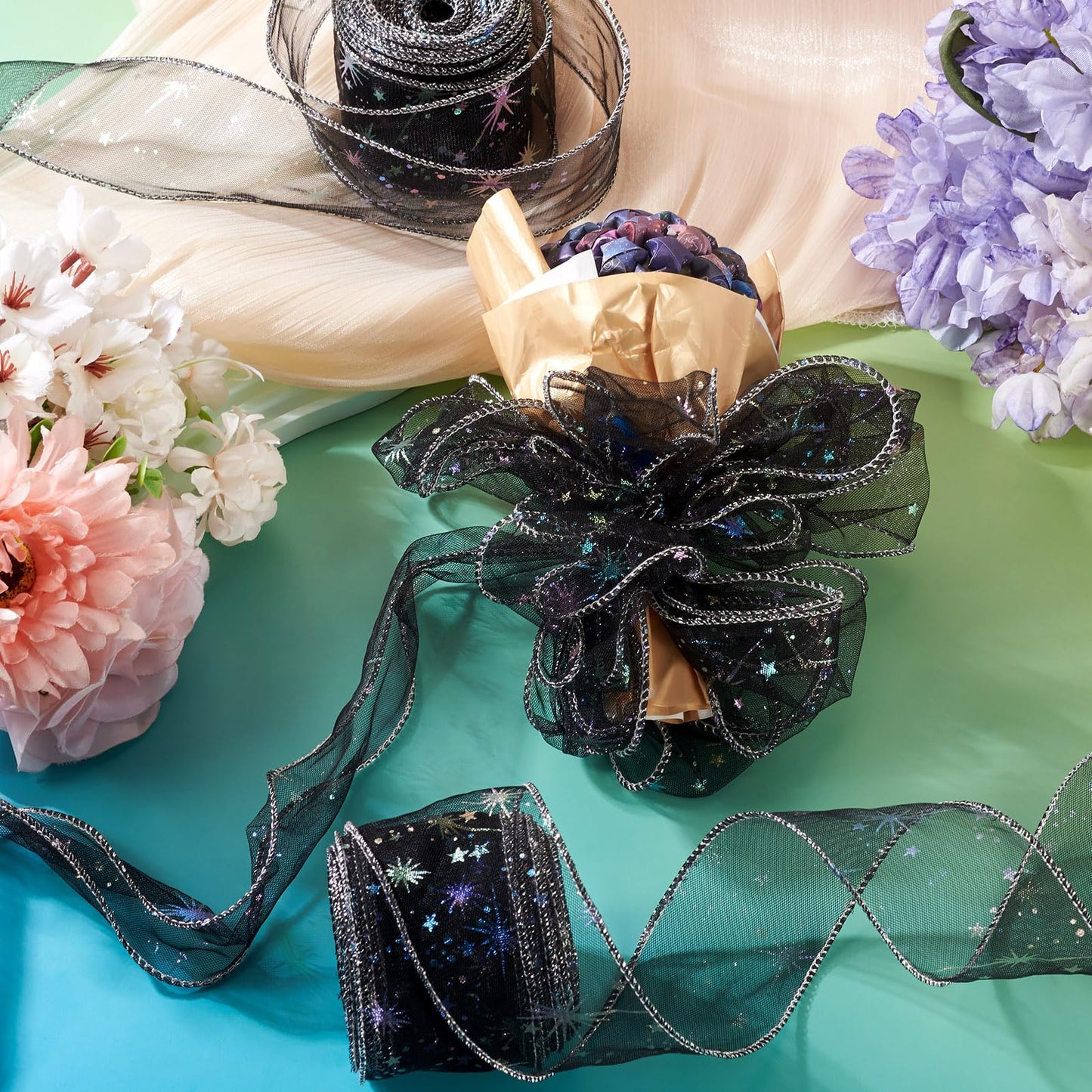 Beadthoven 20 Yards Organza Ribbon Black 2-1/8 inch Iridescent Glitter Star Print Sheer Ribbon Tulle Fabric Mesh Ribbons for Gift Wrapping, Bows, Floral Bouquets, DIY Crafts, Wedding, Party