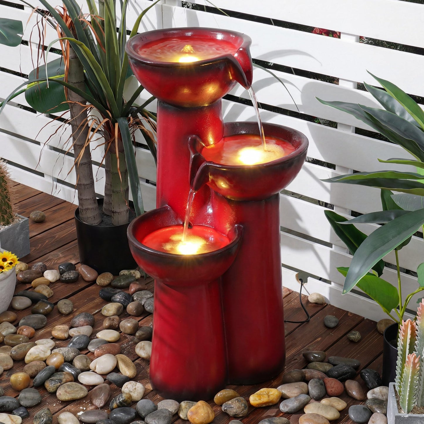 Ultym 27" Outdoor Water Fountain with LED Lights, 3-Tier Cascading Faux Ceramic Column Water Feature with Pump for Garden Patio Backyard, Weather-Resistant Resin Waterfall for Serene Oasis, Red