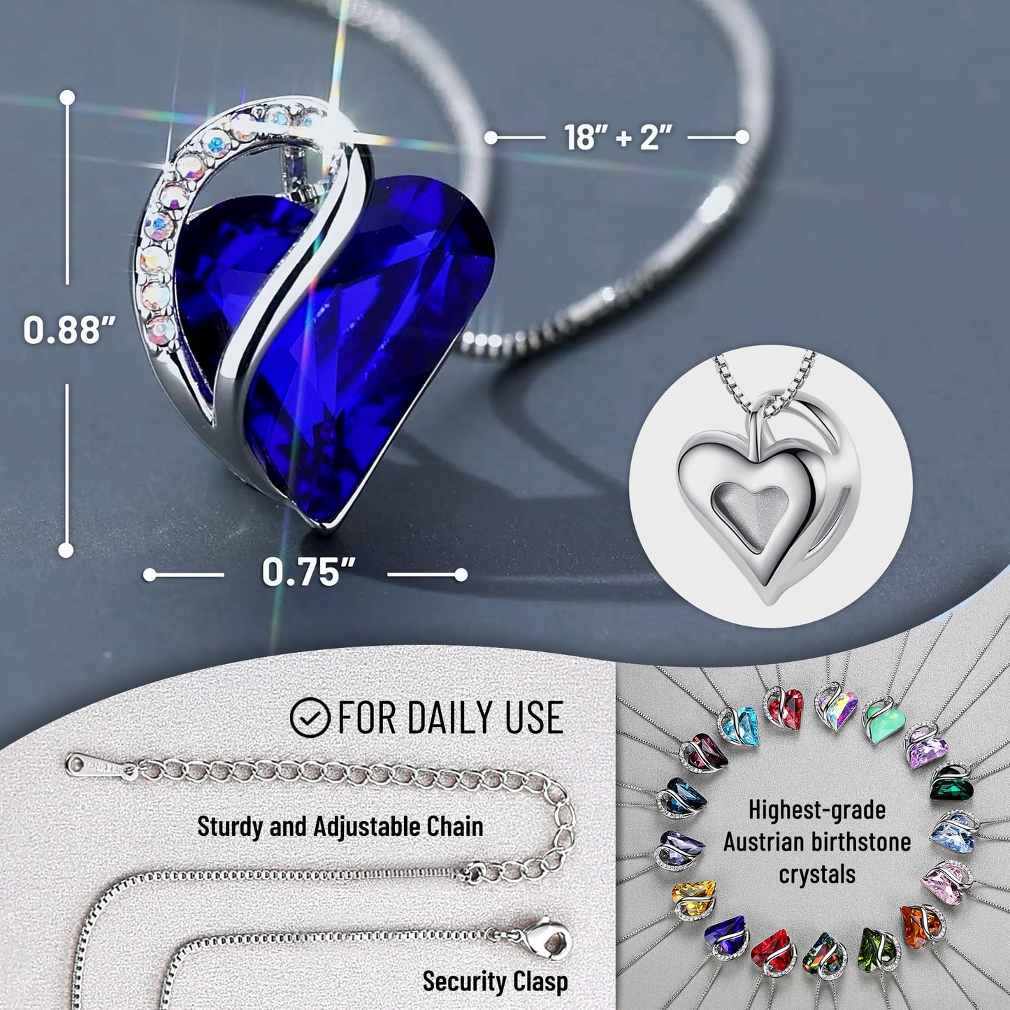 Leafael Mothers Day Gift Necklaces for Women, Infinity Love Birthstone Heart Pendant, Sapphire Blue Crystal for September, Birthday Jewelry for Her, Mom, and Wife, Silver Plated, 18" + 2" Chain