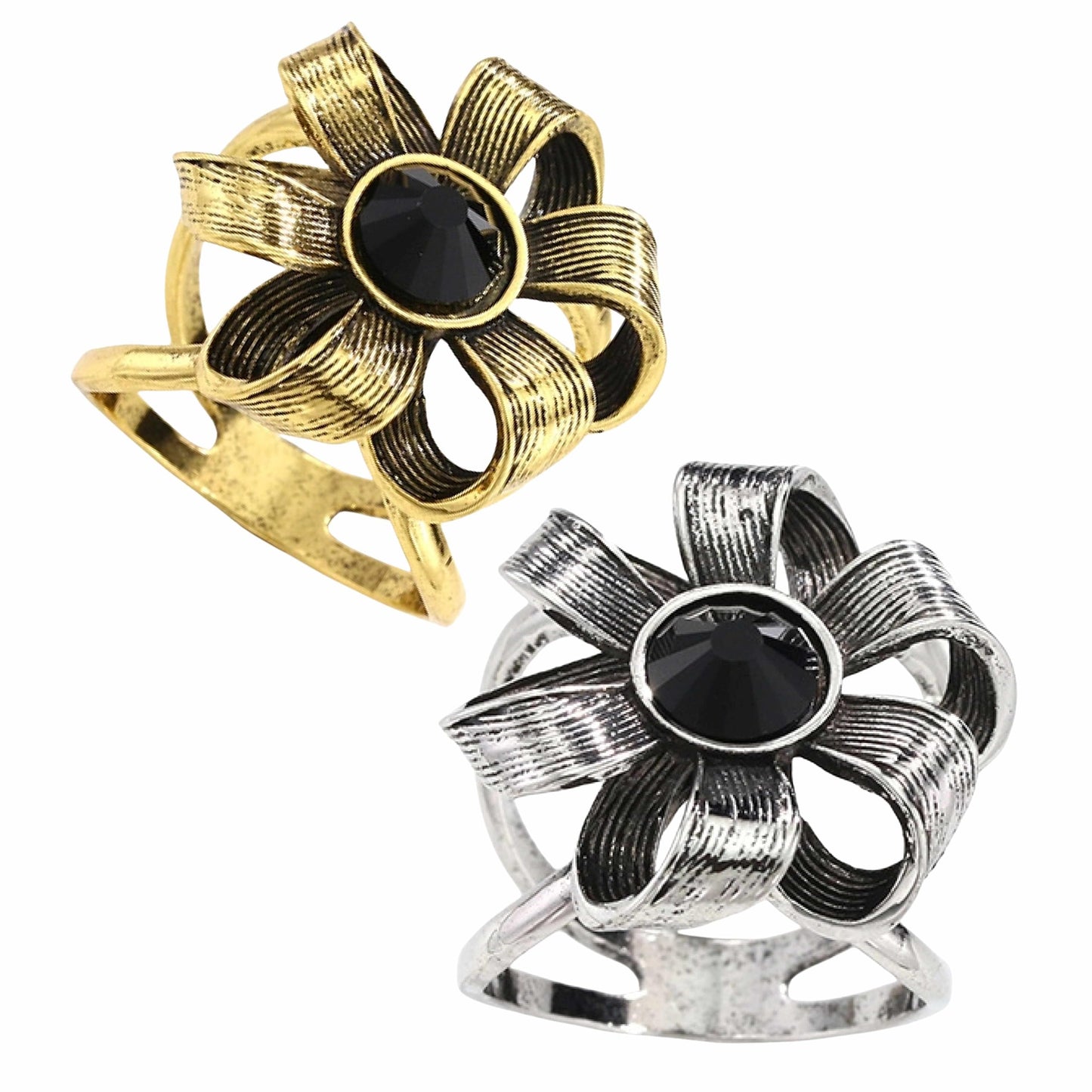 SYWDUDUCLT Gold and Silver Vintege Flower Scarf Ring, Metal Alloy with Black Crystal Center, 2 Pieces