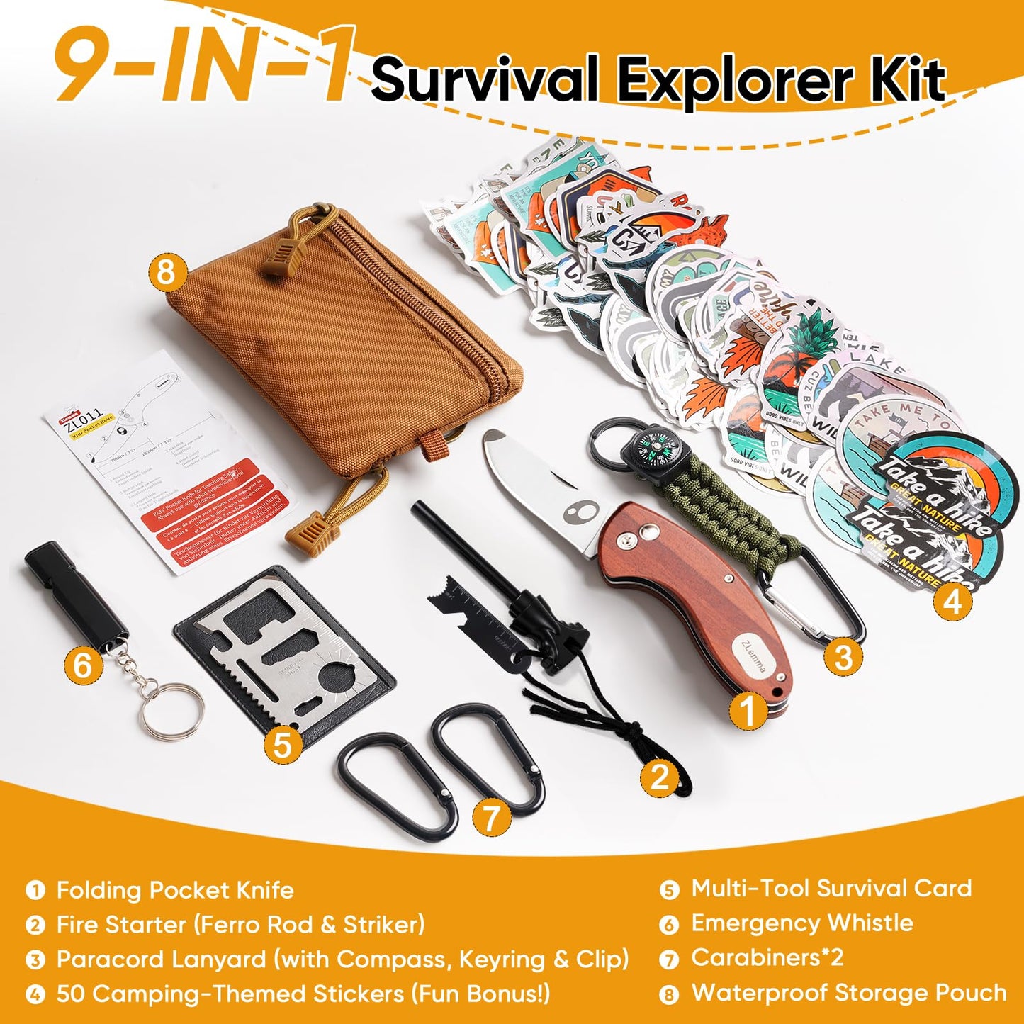 Kids Pocket Knife with Camping Survival Kit, Whistle, Fire Starter, Compass, Carabiners and Carrying Case, Easy Close Safety Lock on Knife. Outdoor Exploration Set for Kids