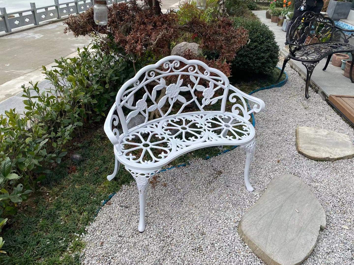 Patio Balcony Bench Double Seat, Anti-Rust Cast Aluminum Patio Garden Bench for Park Yard Outdoor Furniture White.1