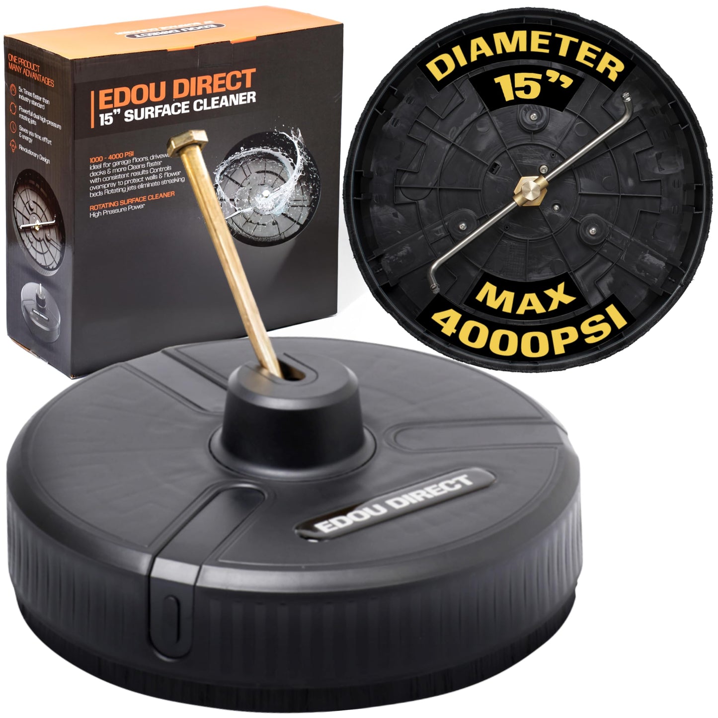 Edou Direct Pressure Washer Surface Cleaner - Heavy-Duty Plastic - 15'' - Black - Dual Spinning Nozzles for Fast Cleaning - Compatible with Most Electric Pressure Washers - 1/4 Inch Quick-Connect