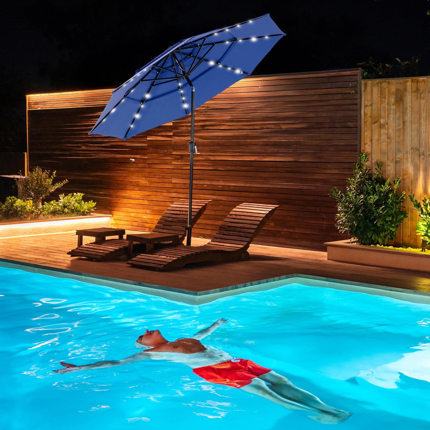 DUMOS 10FT 3 Tier Patio Umbrella with 32 LED Lights, 8 Ribs Outdoor Table Umbrella with Crank, Waterproof Market Umbrella for Pool, Beach, Terrace and Outdoor Restaurant, Navy Blue