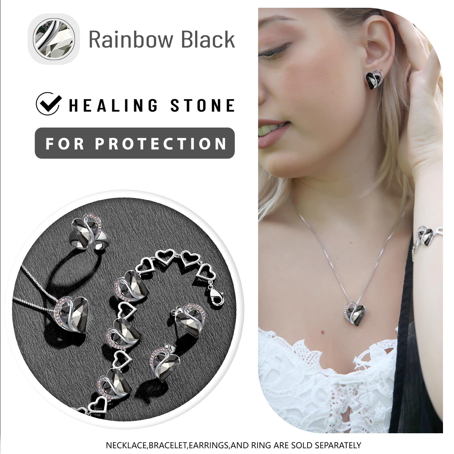 Leafael Gift Necklaces for Women, Infinity Love Heart Pendant with Crystal Black Healing Stone for Protection, Birthday Jewelry for Her, Mom,and Wife, Silver Plated, 18" + 2" Chain