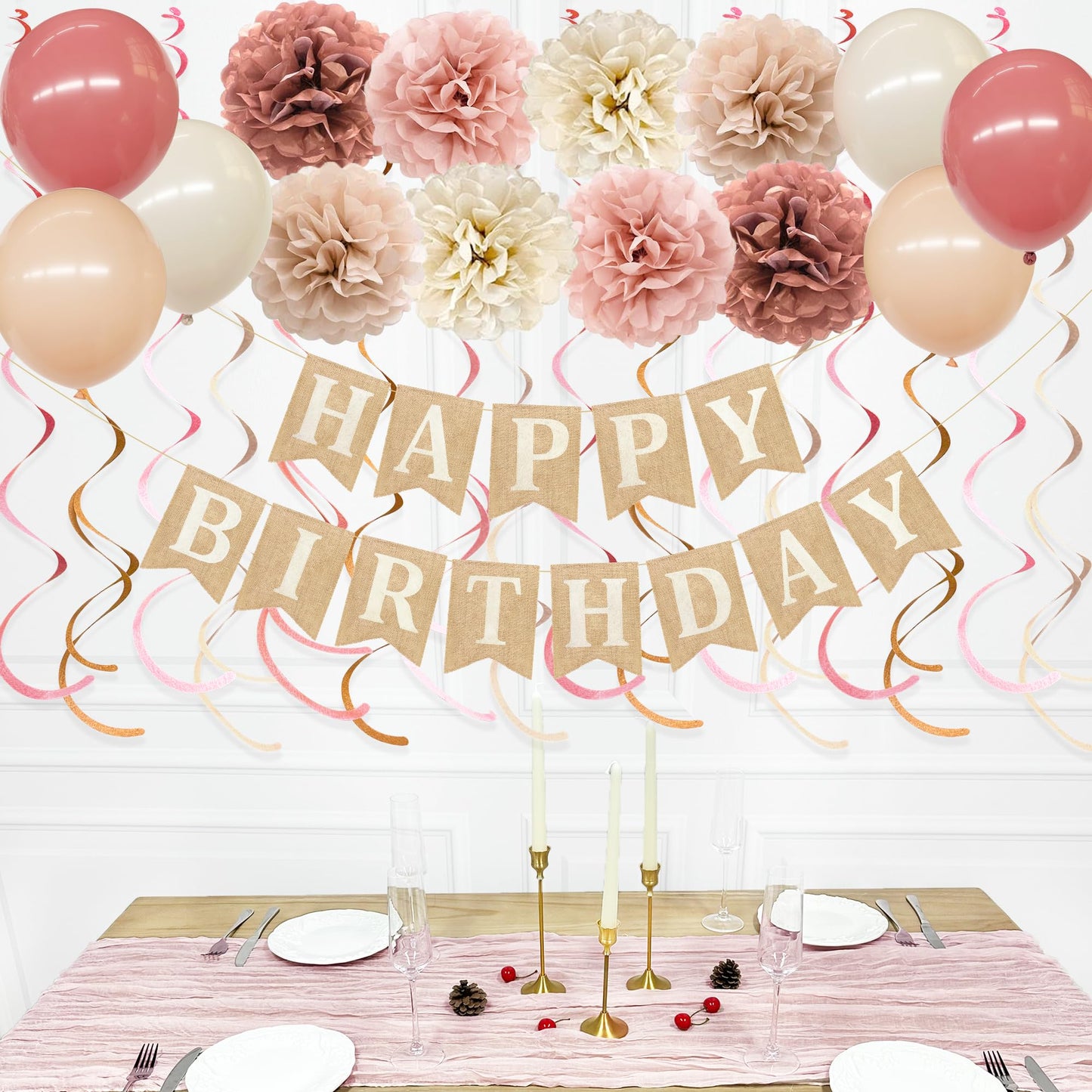 Dusty Pink Birthday Party Decorations for Women Girls Burlap Happy Birthday Banner Blush Pink Table Runner Felt Hanging Swirls Tissue Paper Pompoms Latex Balloons for Boho Happy Bday Party Decor