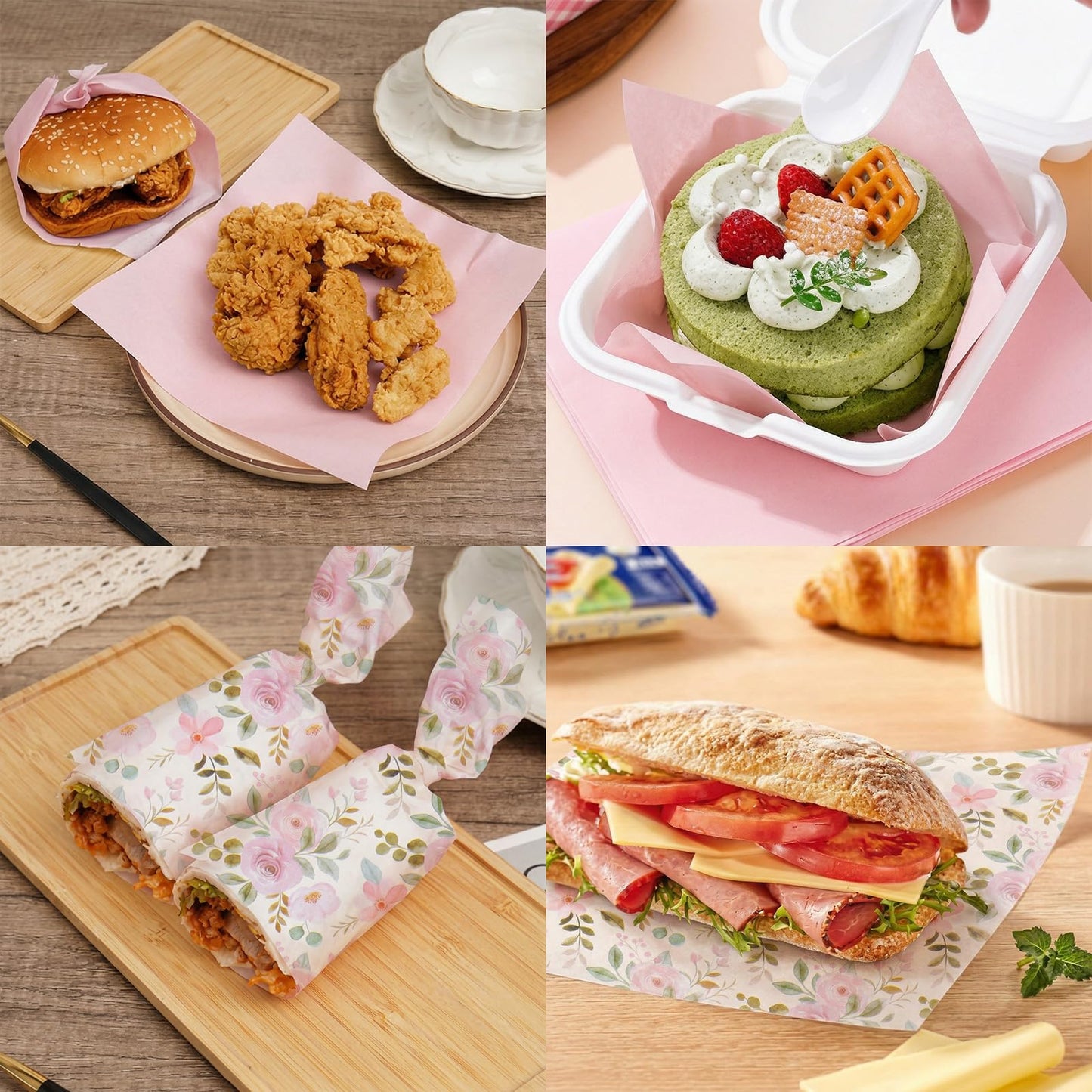 Honeydak 200 Pcs Pink Watercolor Roses Wax Paper Sheets 7 Inch Deli Paper Sheets Floral Food Basket Liners for Sandwich Burger Greaseproof Food Wrapping, Bridal Shower, Wedding, Mother's Day Gift Wrap