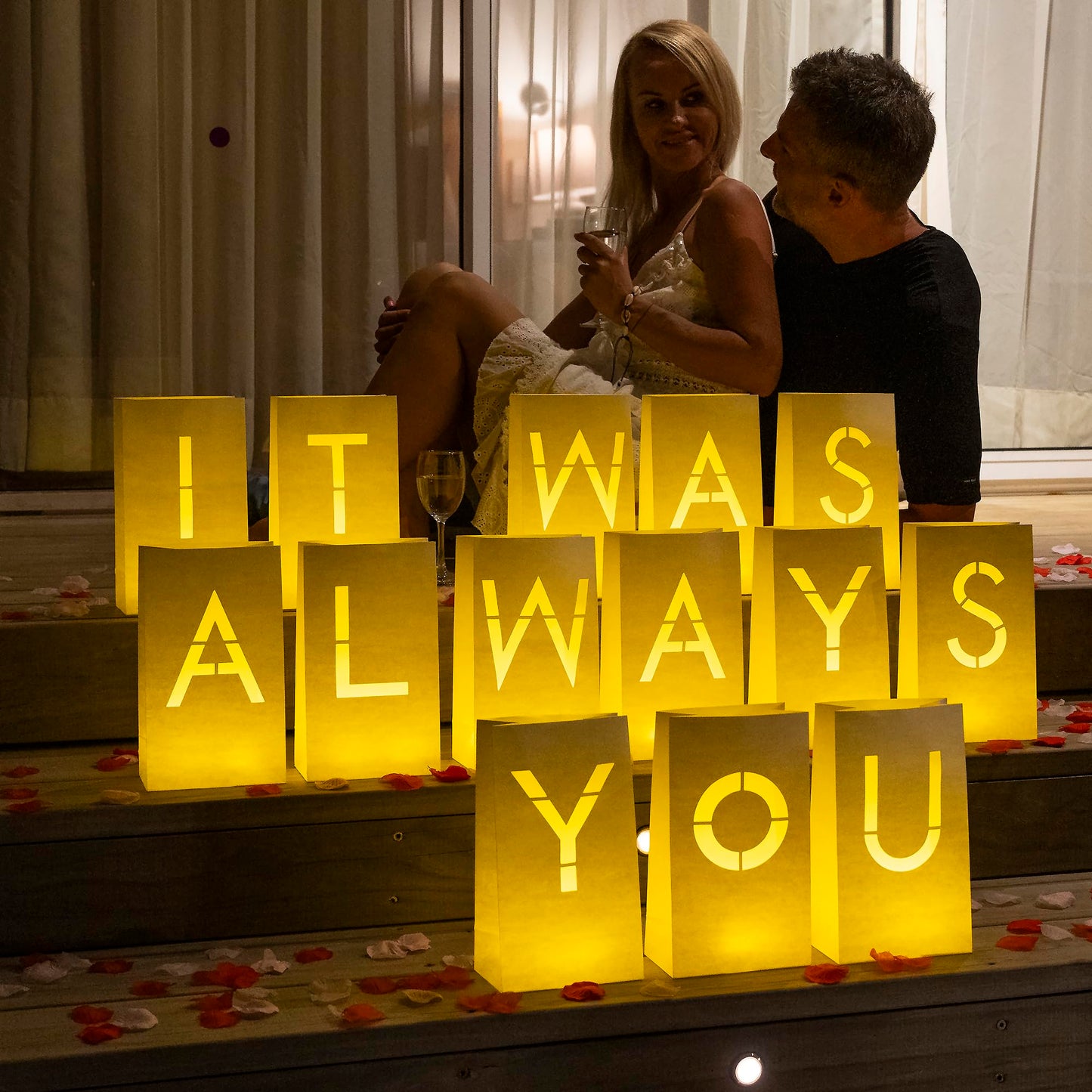 WYMM It Was Always You Light Up Letters with 30 Tea Lights Candles and 1000 Red & Pink Rose Petals - Luminary Bags Engagement Party Decorations & Anniversary Decorations Ideal Gift For Men & Women