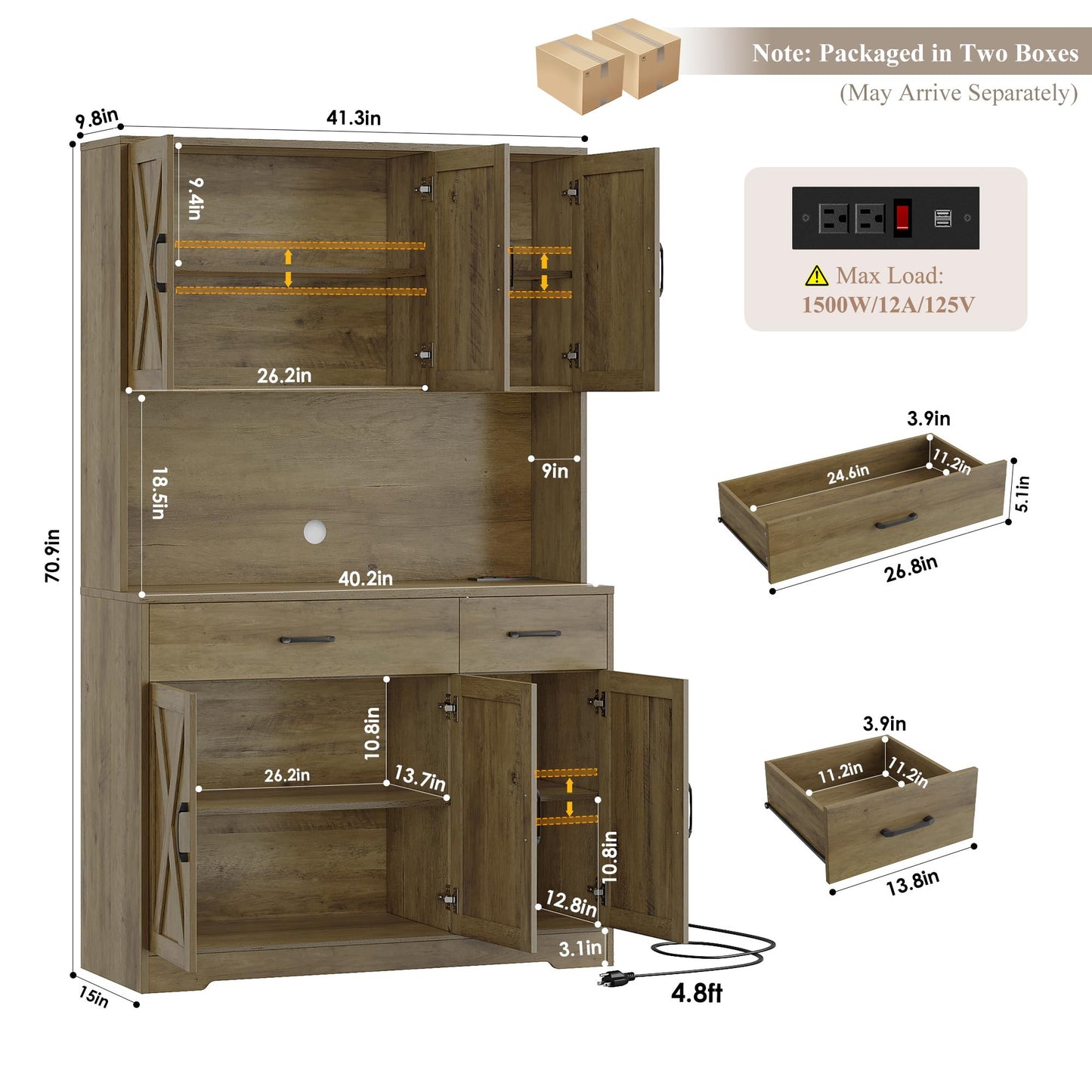 HOSTACK 71" Pantry Cabinet with Charging Station, Tall Kitchen Pantry Storage Cabinet with Microwave Stand, Farmhouse Kitchen Hutch with Storage Drawers for Living Room, Dining Room, Rustic Brown