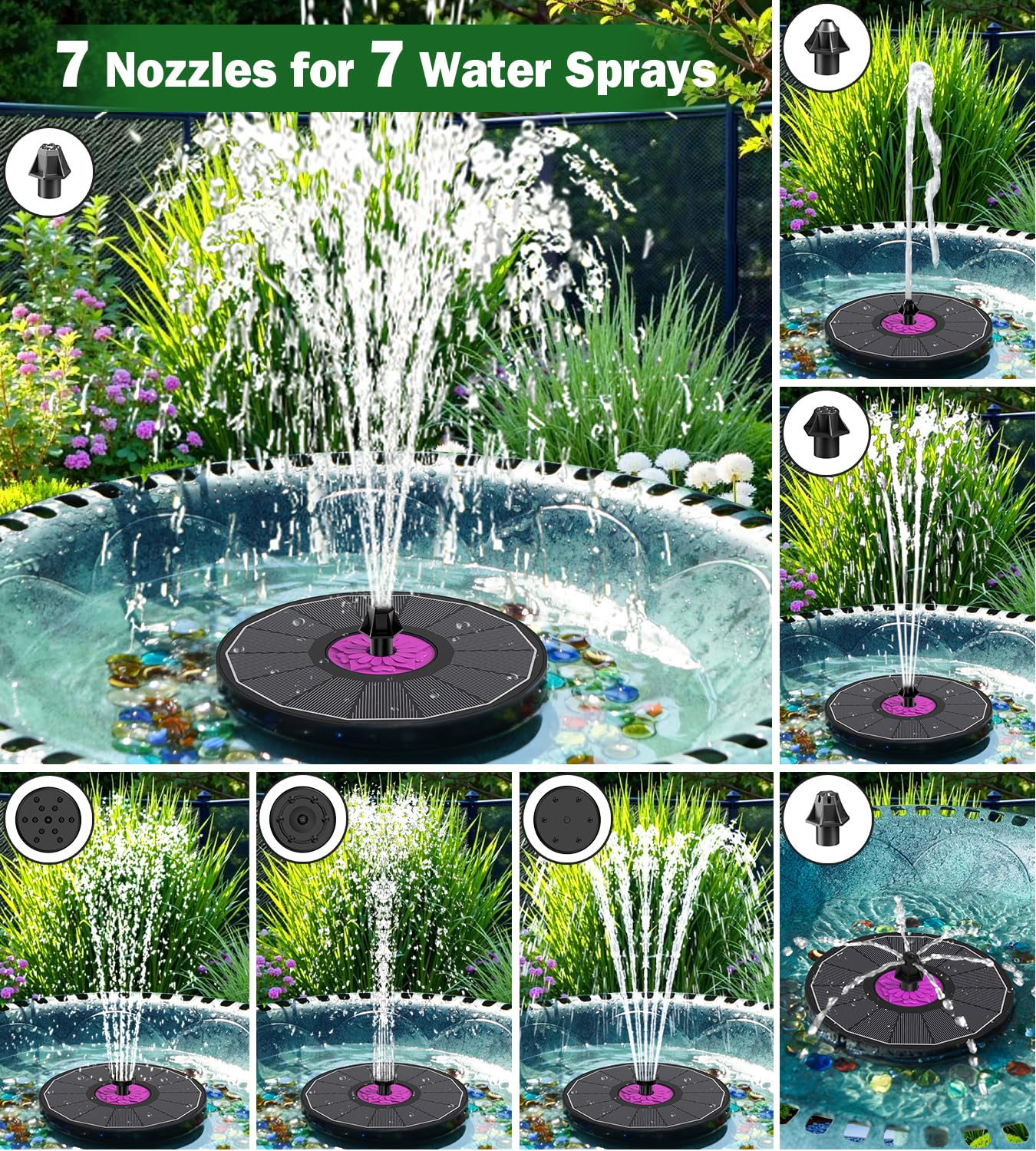 SZMP Powerful 3.5W Anti-Drift Solar Fountain for Bird Bath, Solar Powered Water Pump with 7 Nozzles, Bird Bath Fountain for Garden, Pool, Pond – Attracts Hummingbirds (Black)