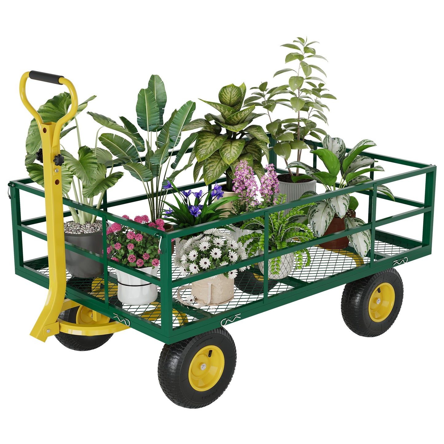 Garden Cart & Utility Wagon1200 lb Heavy-Duty Wheelbarrow, 47"x31" Steel Yard Cart with Wheels, 180° Adjustable Yellow T-Handle, Green (for Lawn, Patio & Farm)