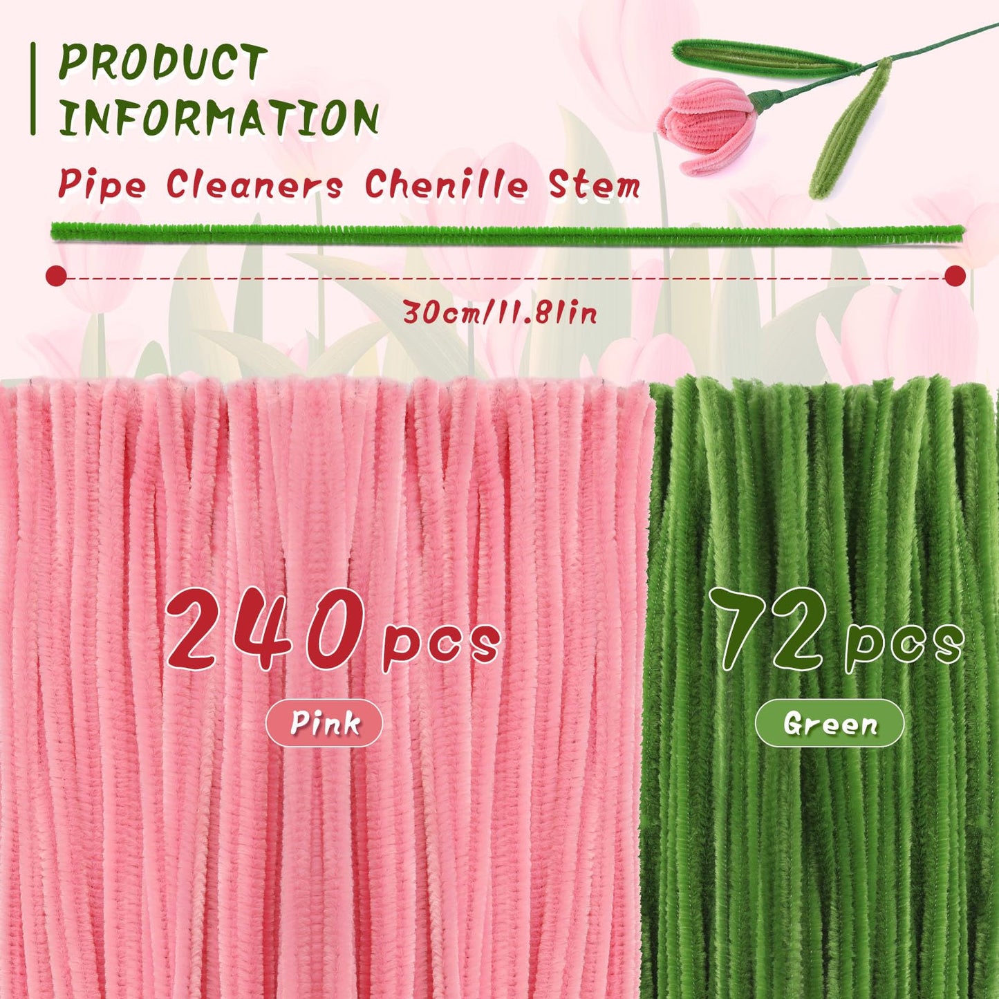UzecPk Pipe Cleaner Flower Kit, Pipe Cleaners Bulk, Chenille Stems Pink Pipe Cleaner Craft, Pipe Cleaners Flowers with Floral Wire, Floral Tape, Instructions for Mother's Day Craft Home Decoration