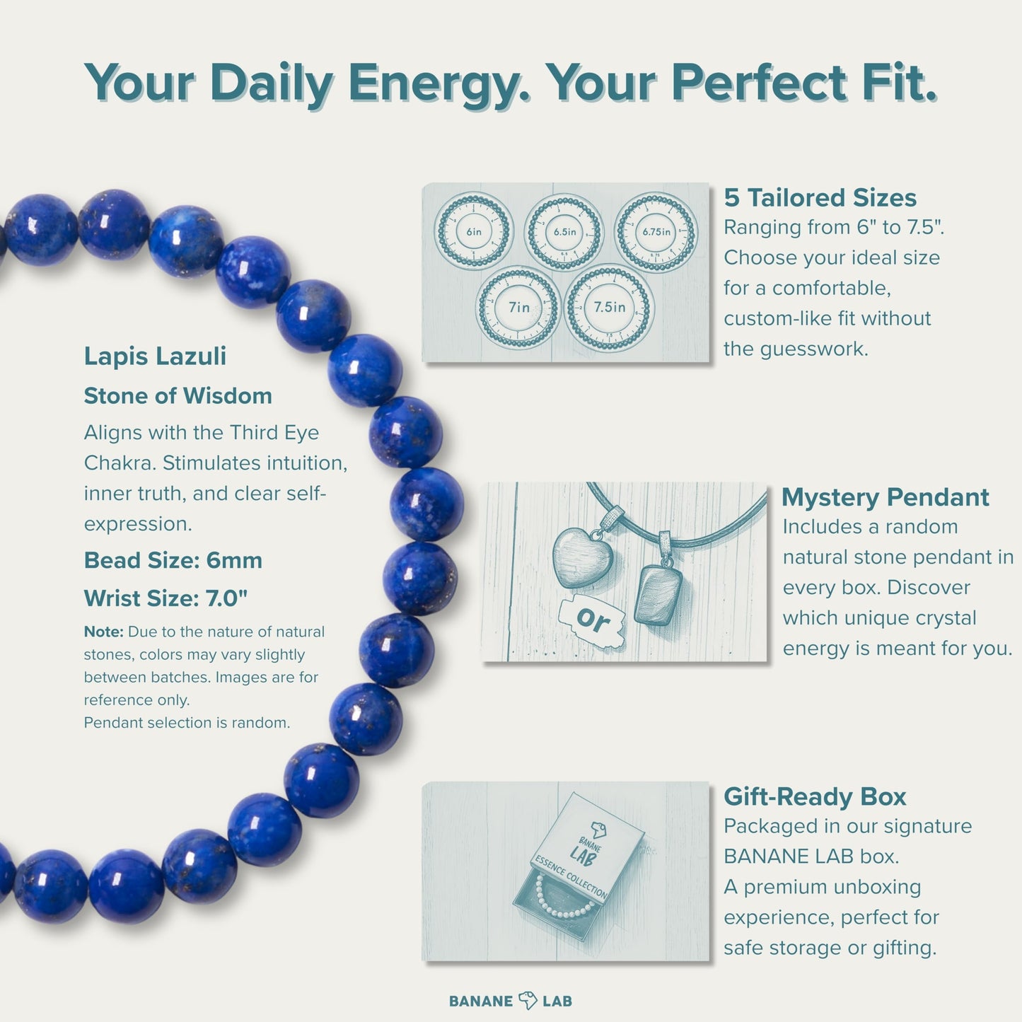 BANANE LAB Lapis Lazuli Beaded Bracelet with Mystery Polished Crystal Pendant - 6mm Real Natural Gemstone Beads for Women Men - Wisdom Truth Intuition Gift for Her him - Fits 7.0" Wrist