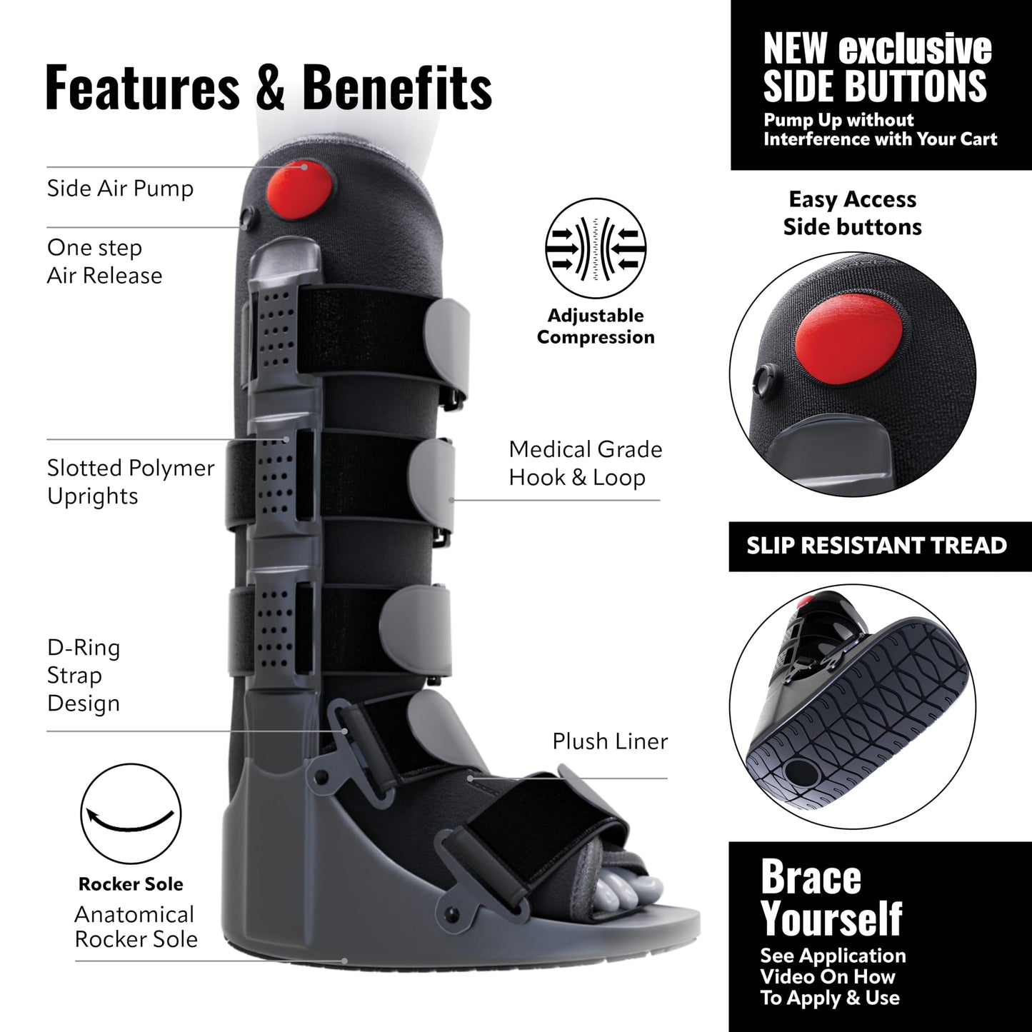 Tall Side Pump Fracture Boot, Medical Grade Foot Brace for Fractures, Cart Friendly Ankle Boot & Brace, Adjustable Air Pump, Sprain & Injury Recovery, Post Op Shoe, Foot Boot for Injured Foot, X-Large
