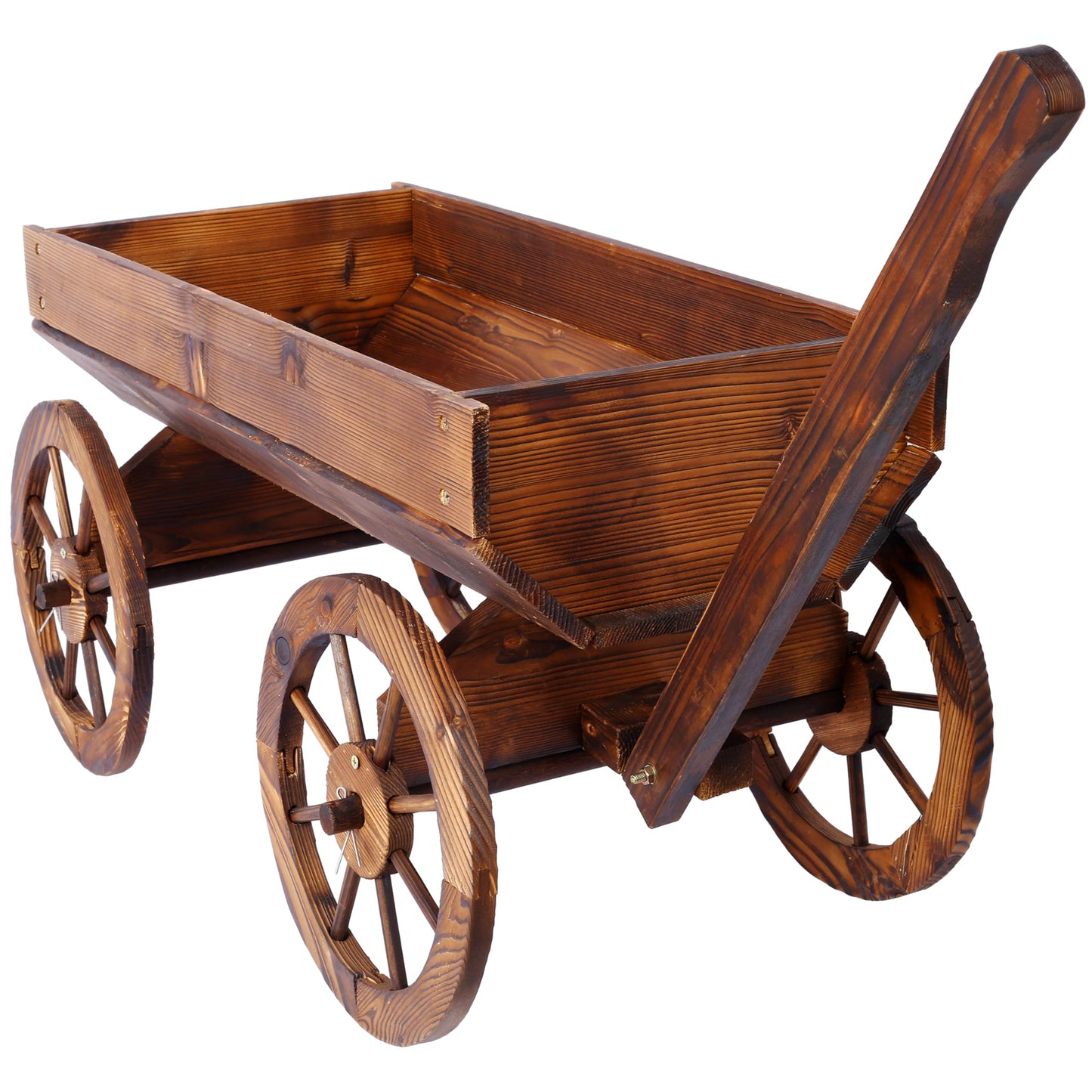 LifeSky Wooden Garden Cart Planter Wagon: Rustic Solid Wood Construction with Four Wheels & Handle - Farmhouse Style Outdoor Decor for Patio Garden Design & Plant Display