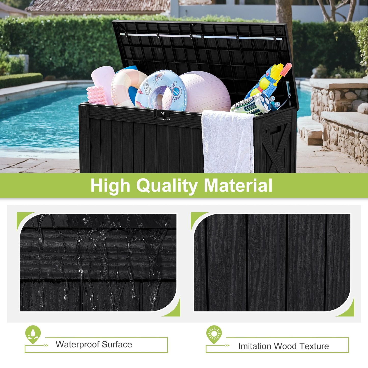 Greesum 120 Gallon Deck Box, Resin Outdoor Storage Container for Patio Furniture, Garden Tools, Pool Accessories, Weatherproof, Lockable, Black
